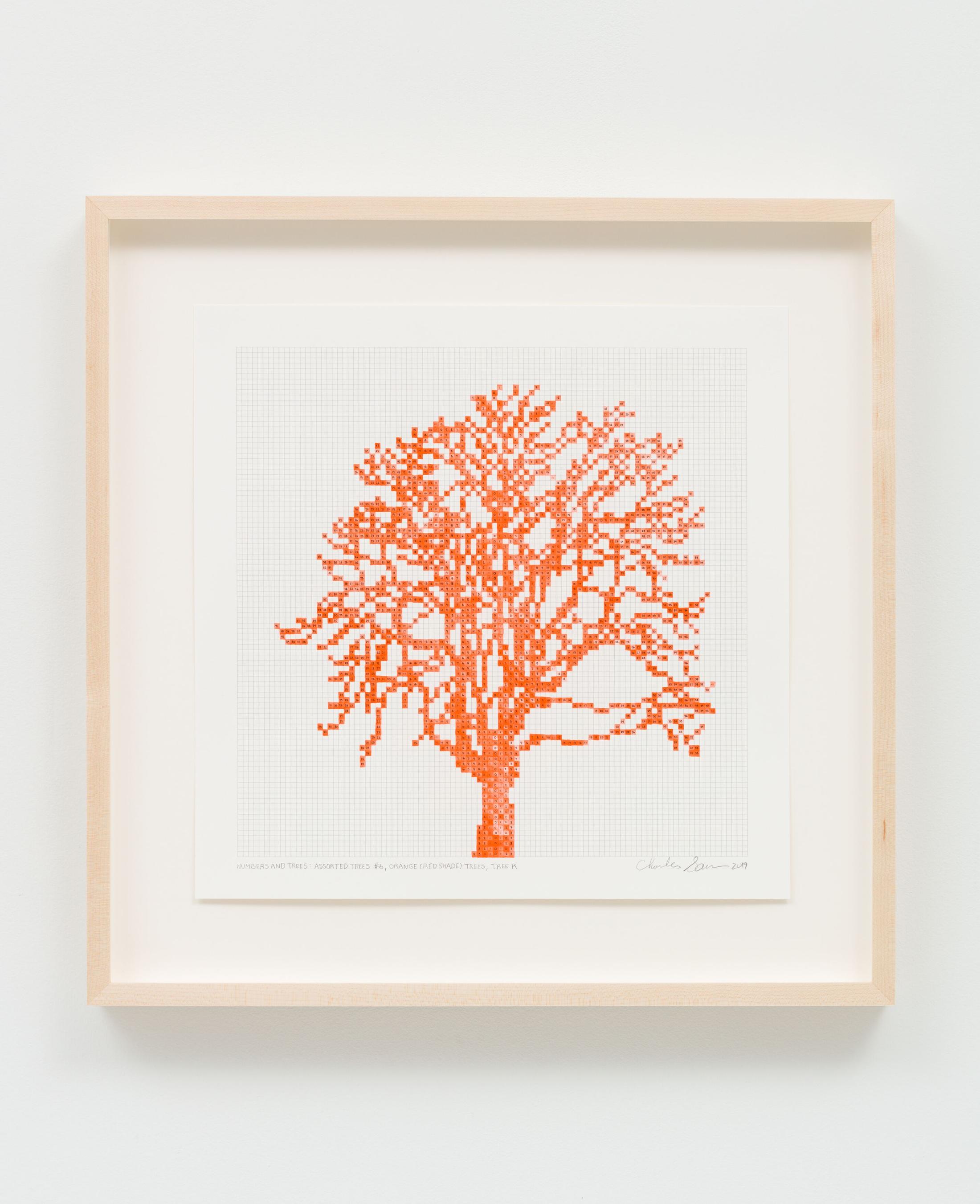 Exhibition View Charles Gaines Soloshow «Drawings; view on Numbers and Trees: Assorted Trees #6, Orange (Red Shade) Trees, Tree K, 2019» at Hauser & Wirth, St. Moritz, 2020 / Photo: Fredrik Nilsen / © Charles Gaines / Courtesy: the artist and Hauser & Wirth