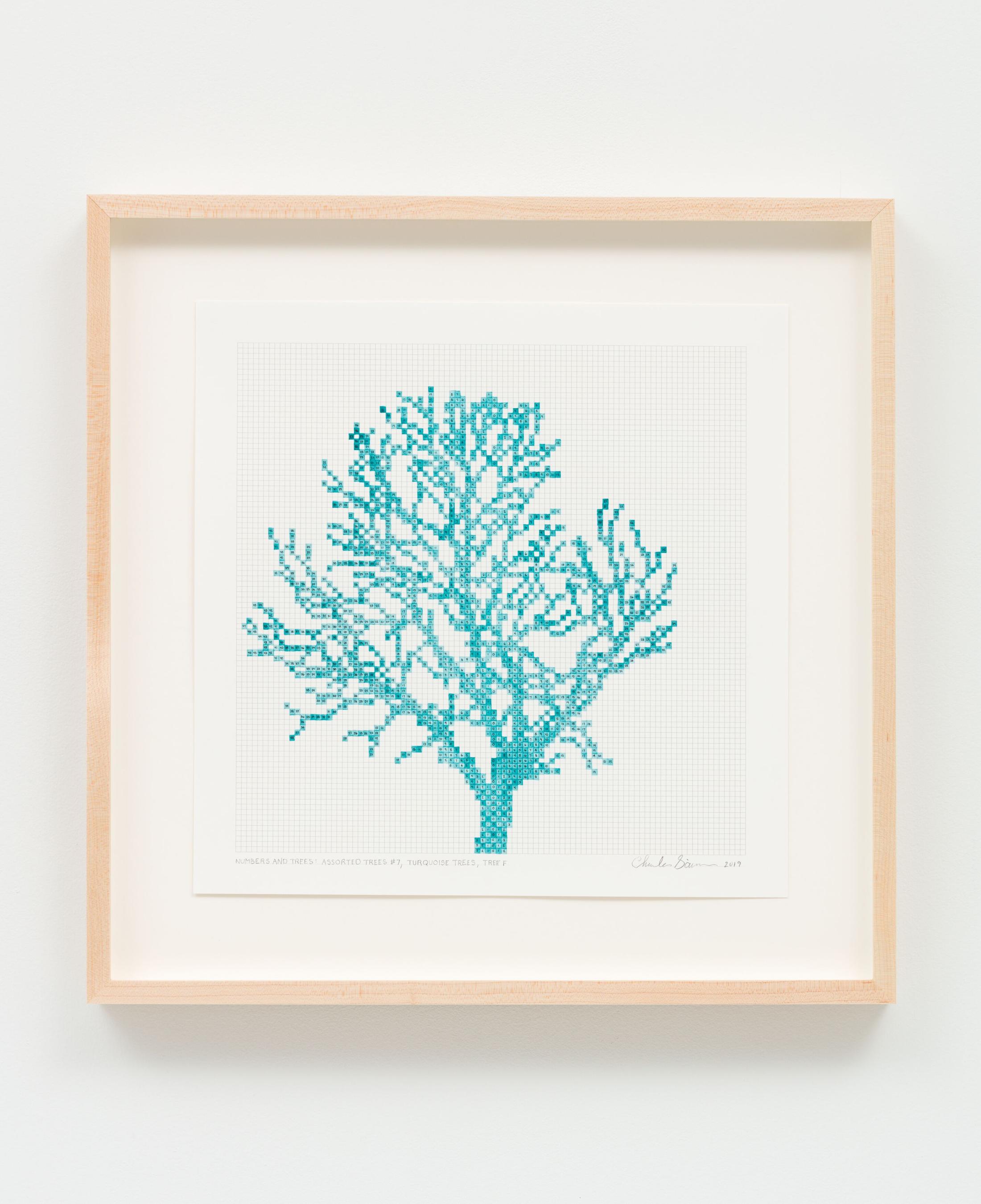 Exhibition View Charles Gaines Soloshow «Drawings; view on Numbers and Trees: Assorted Trees #7, Turquoise Trees, Tree F, 2019» at Hauser & Wirth, St. Moritz, 2020 / Photo: Fredrik Nilsen / © Charles Gaines / Courtesy: the artist and Hauser & Wirth