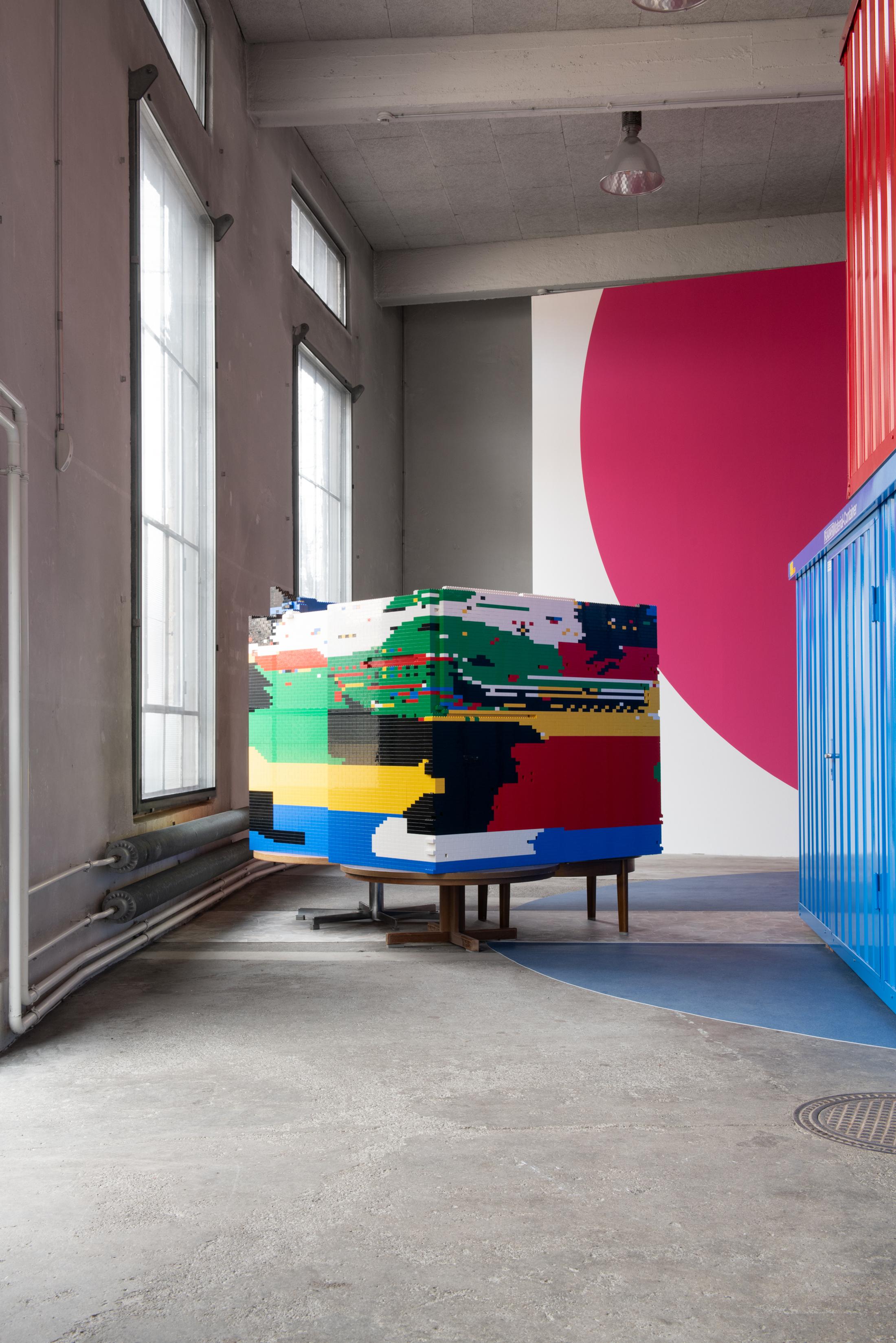 Exhibition View Group Show «Città irreale; view on Jessica Stockholder, Vortex in the Play of Theater with Real Passion in Memory of Kay Stockholder, 2000-2020» at Lokremise, St. Gallen, 2021 / Photo: Sebastian Stadler / Courtesy: the artist and Kunstmuseum St. Gallen