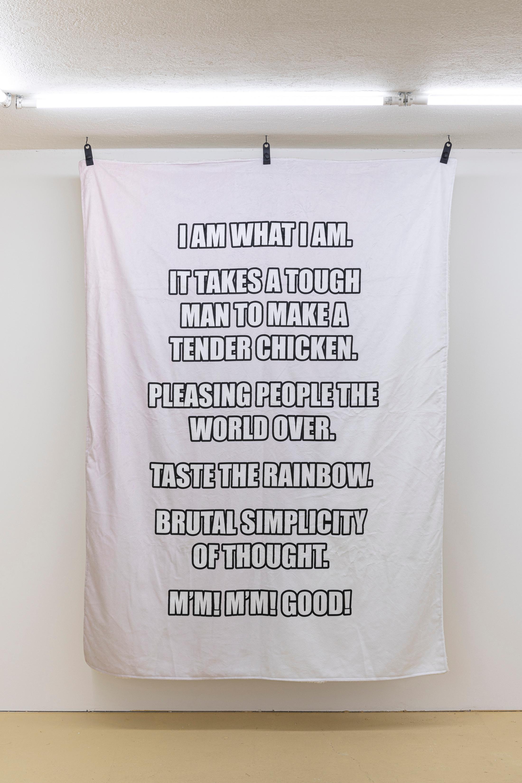 Exhibition View Clifford E. Bruckmann Soloshow «six degrees of memories, decisions, potentials; view on six phrases, 198 x 145 cm, sublimation print on polyester, 2020» at unanimous consent, Zurich, 2020 / Photo: Michal Florence Schorro / Courtesy: the artist and unanimous consent