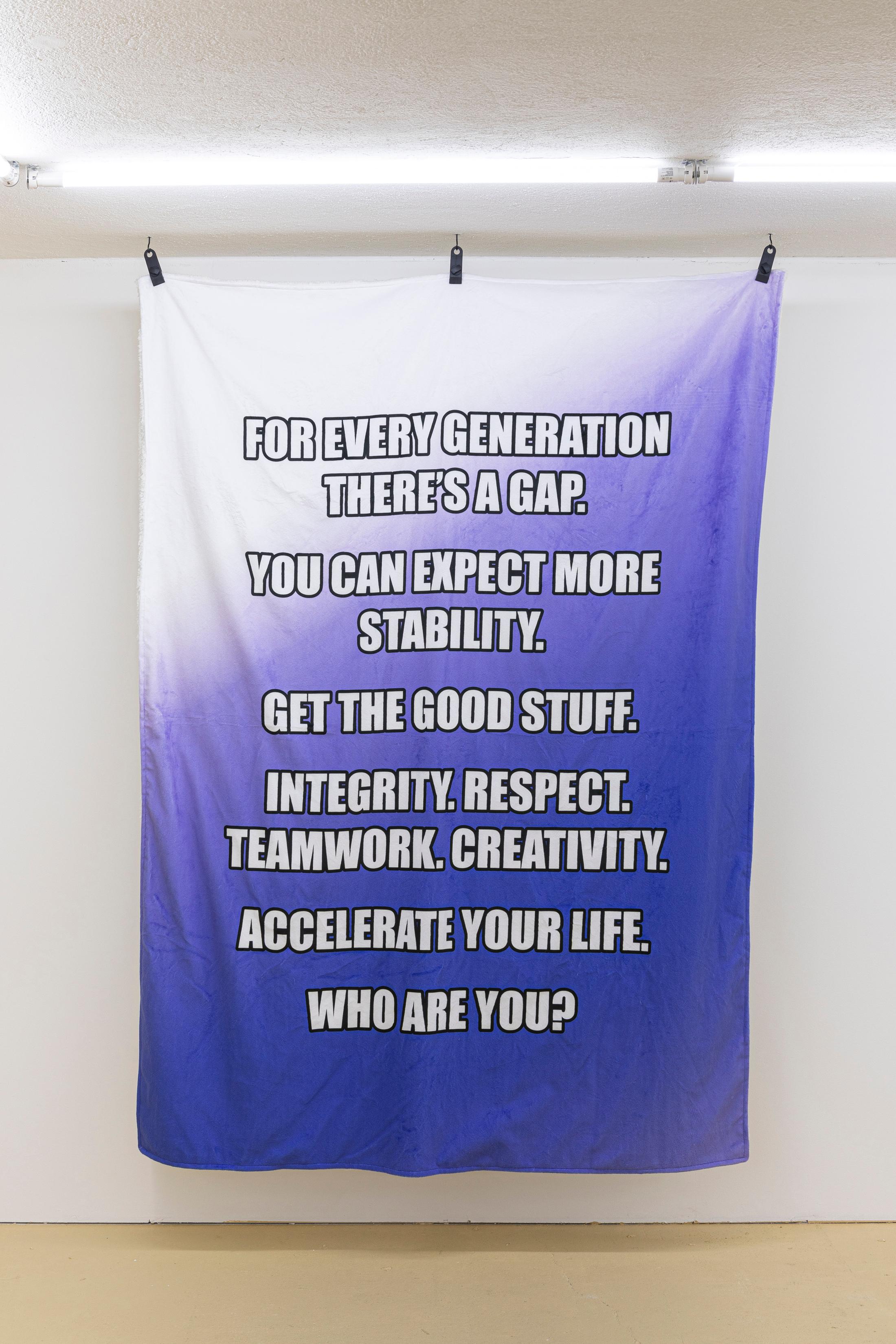 Exhibition View Clifford E. Bruckmann Soloshow «six degrees of memories, decisions, potentials; view on six phrases, 198 x 145 cm, sublimation print on polyester, 2020» at unanimous consent, Zurich, 2020 / Photo: Michal Florence Schorro / Courtesy: the artist and unanimous consent