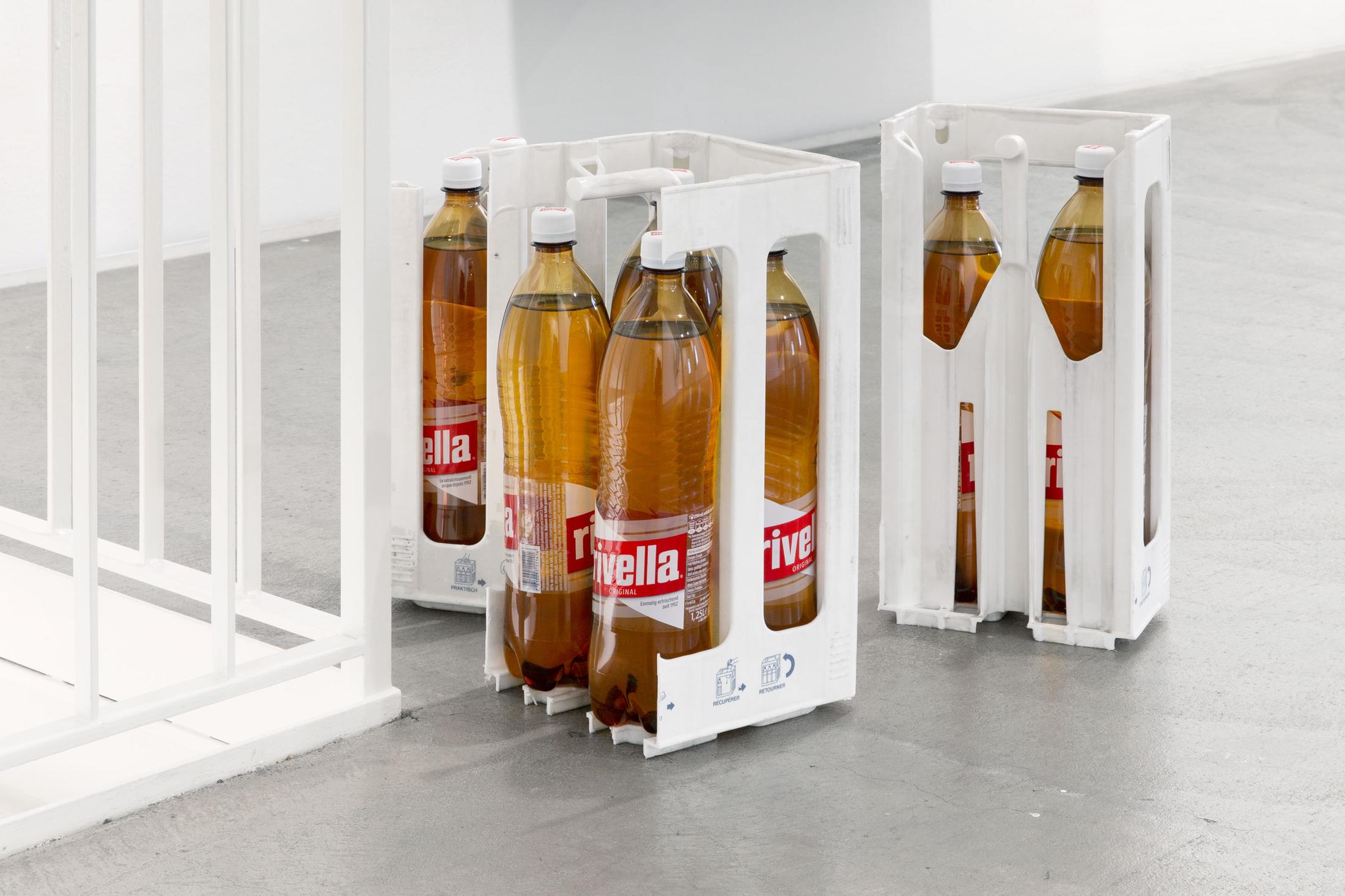 Exhibition View Group Show «Contrology; view on Ivan Mitrovic, Compromise, 2021, Cut-up bottle crates, Rivella bottles, Dimensions variable» at Kunst Raum Riehen, 2021 / Photo: Gina Folly / Courtesy: the artists and Kunstraum Riehen