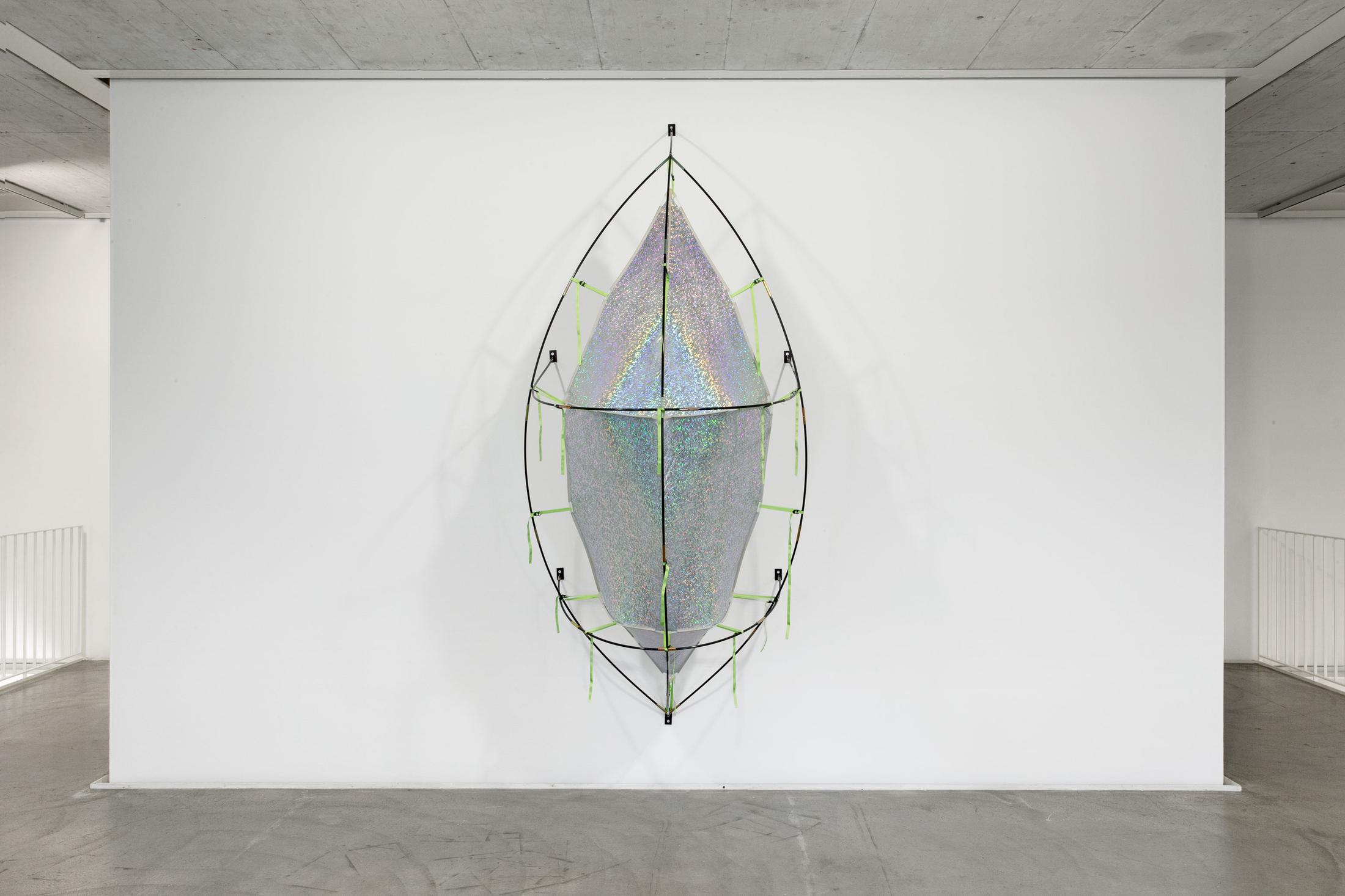 Exhibition View Group Show «Contrology; view on Emir Šehanović, Waiting for the New World, Elastic polyurethane fabric, fiberglass tubes, polypropylene tubes, fabric, ribbons, 252 x 100 cm» at Kunst Raum Riehen, 2021 / Photo: Gina Folly / Courtesy: the artists and Galerie Eugster, Belgrade