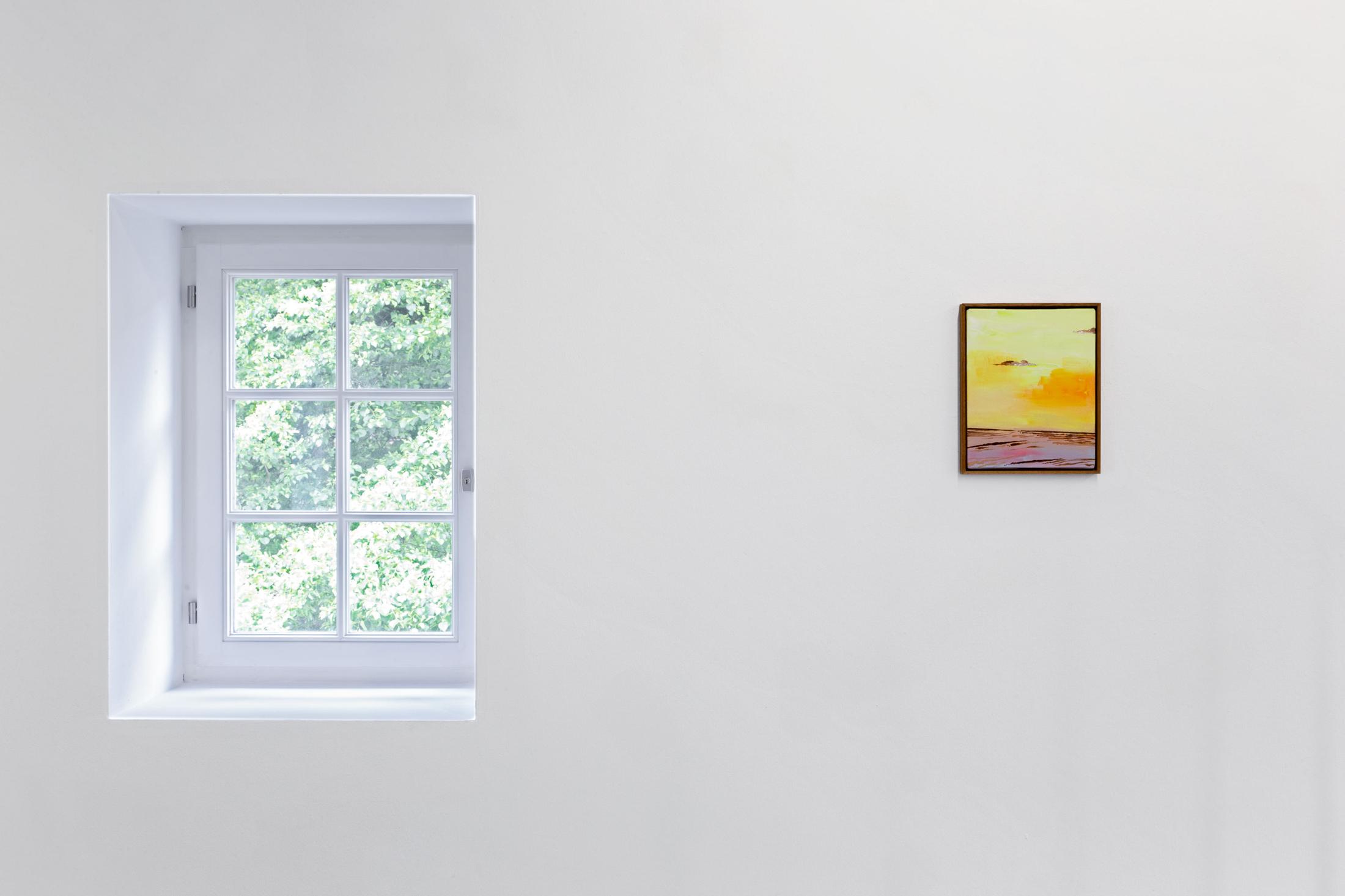 Exhibition View Group Show «Contrology; view on Elise Corpataux, Untitled (From: ALL YOU HAVE IS NOW), 2020, Acrylic on canvas, 23 x 30 cm» at Kunst Raum Riehen, 2021 / Photo: Gina Folly / Courtesy: the artists and Kunstraum Riehen