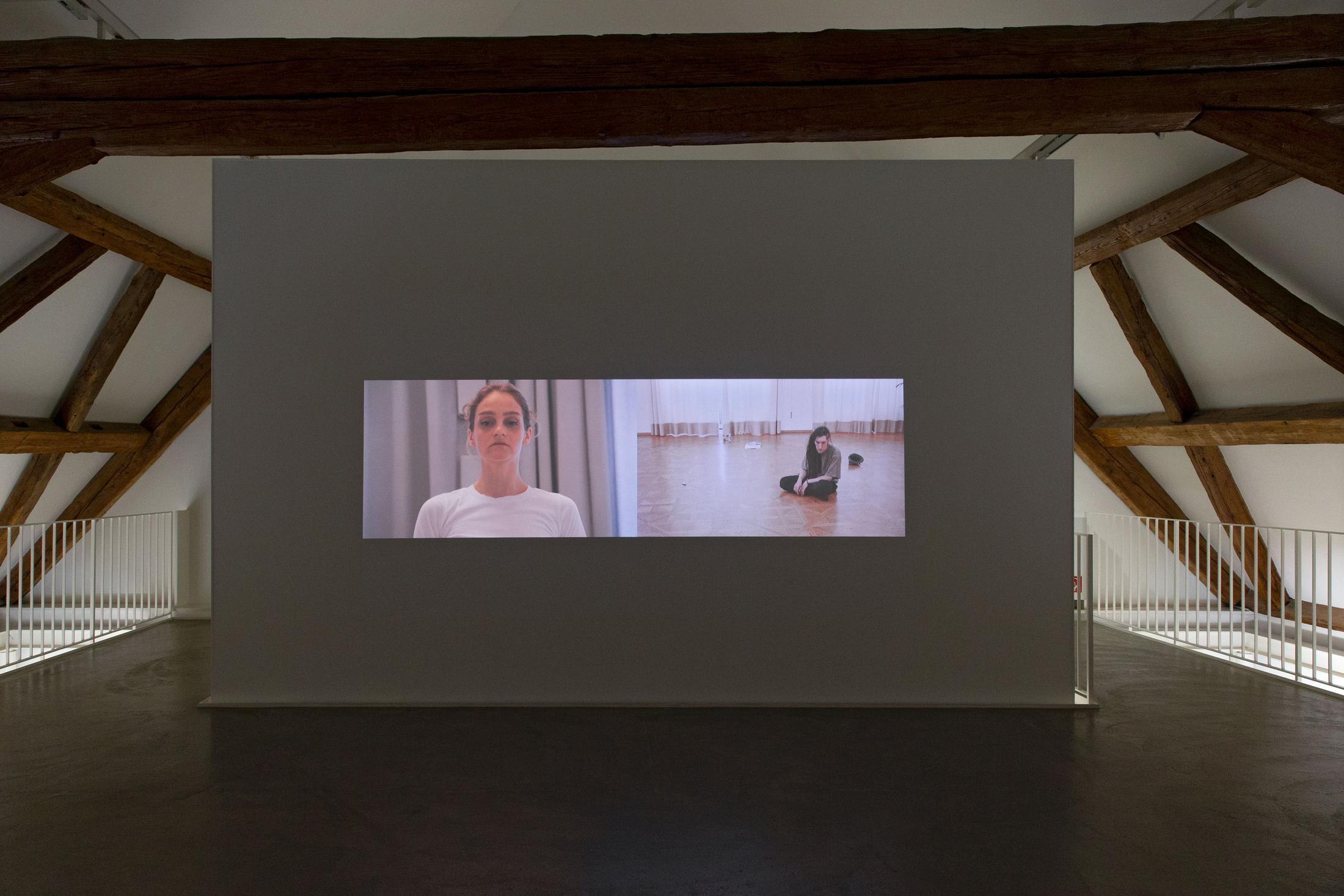 Exhibition View Group Show «Contrology; view on Dudu Quintanilha, Punk and Paleolithic, 2018, 4K video, 15 minutes» at Kunst Raum Riehen, 2021 / Photo: Gina Folly / Courtesy: the artists and Kunstraum Riehen