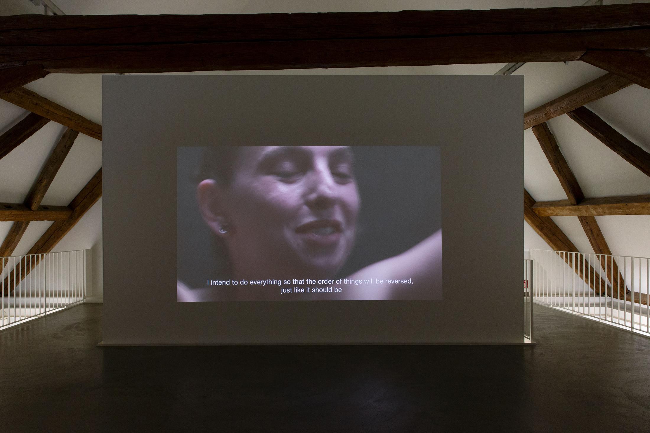 Exhibition View Group Show «Contrology; view on Dudu Quintanilha, Punk and Paleolithic, 2018, 4K video, 15 minutes» at Kunst Raum Riehen, 2021 / Photo: Gina Folly / Courtesy: the artists and Kunstraum Riehen