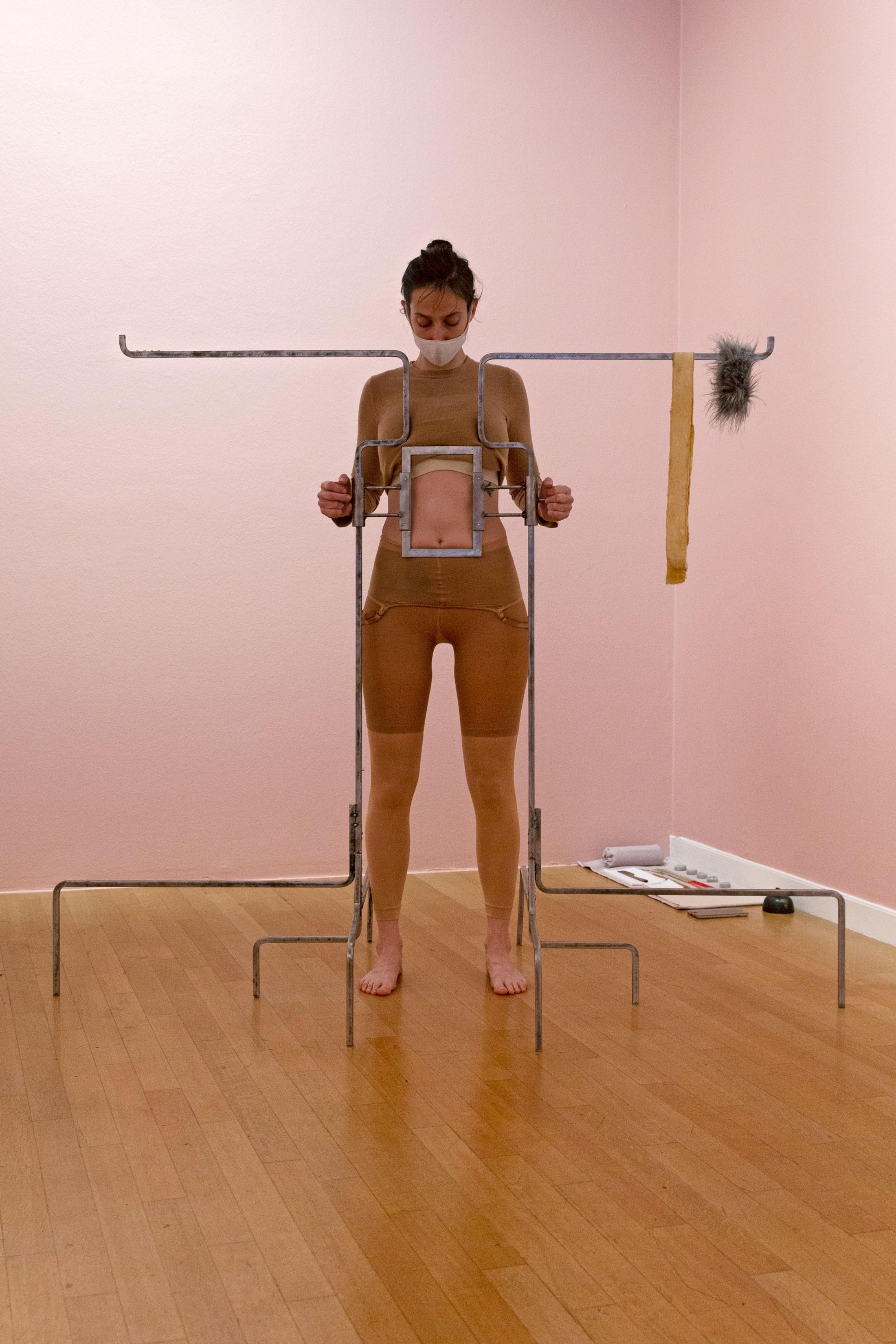 Exhibition View Group Show «Contrology; view on Sofia Durrieu, Magendmund, 2019, Magenmund, 2019, Performative installation/situation in eight steps, Whiskey, Glasses, Incense sticks, Metal, Latex, Nails, Paper, Instructions, Cotton cloths, Velvet, Satin, Clay, Vaseline, Dimensions variable» at Kunst Raum Riehen, 2021 / Photo: Gina Folly / Courtesy: the artists and Kunstraum Riehen