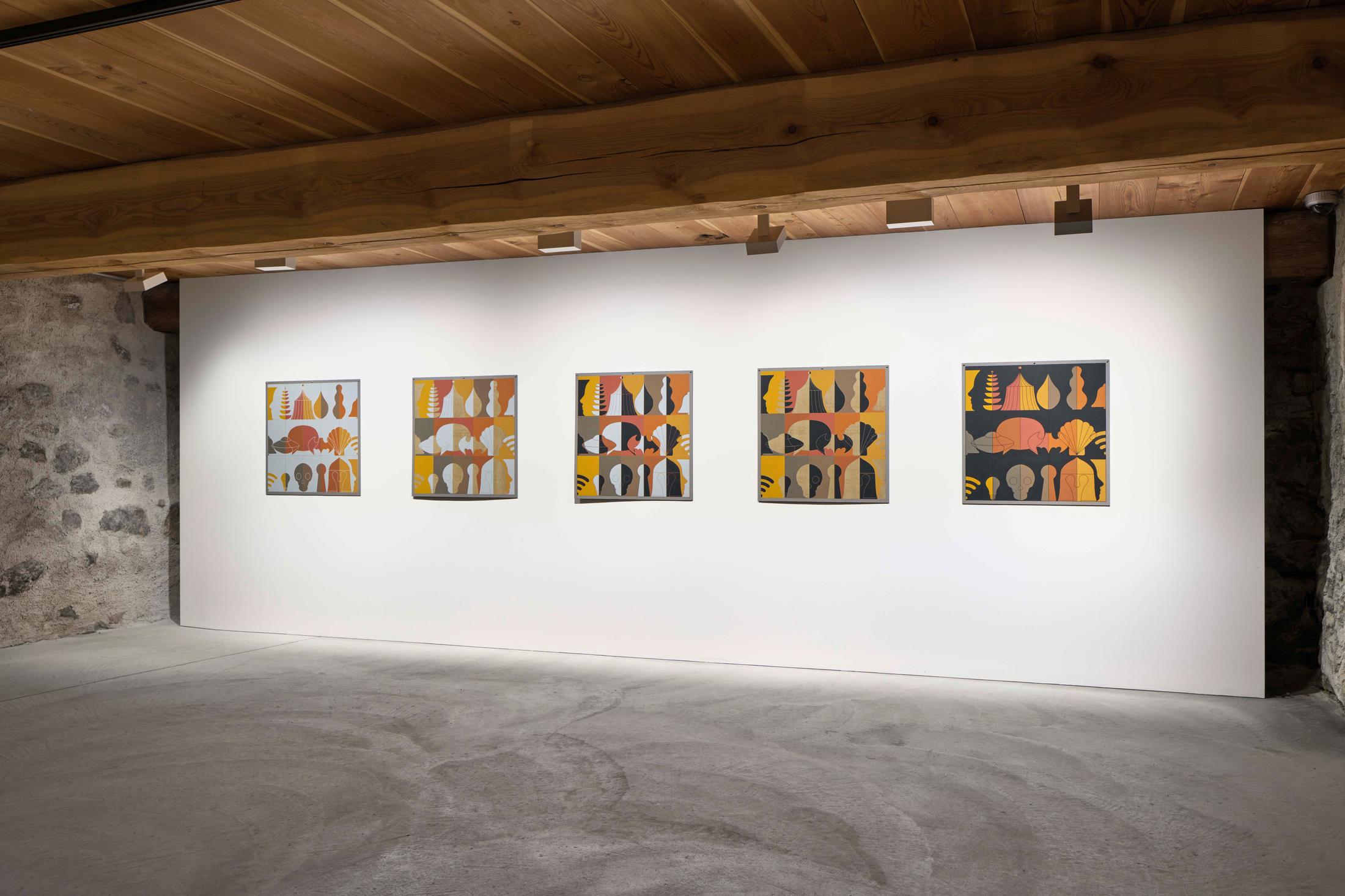 Exhibition View Dan Walsh Soloshow «AfterMath; view on Dan Walsh, Sepia Story I-V, 2019, pencil, gesso, acrylic on incised davey board with metal pins, 76.2 x 76.2 cm each» at Galerie Tschudi, Zuoz, 2020 / Photo: Ralph Feiner, Malans / Courtesy: the artist and Galerie Tschudi