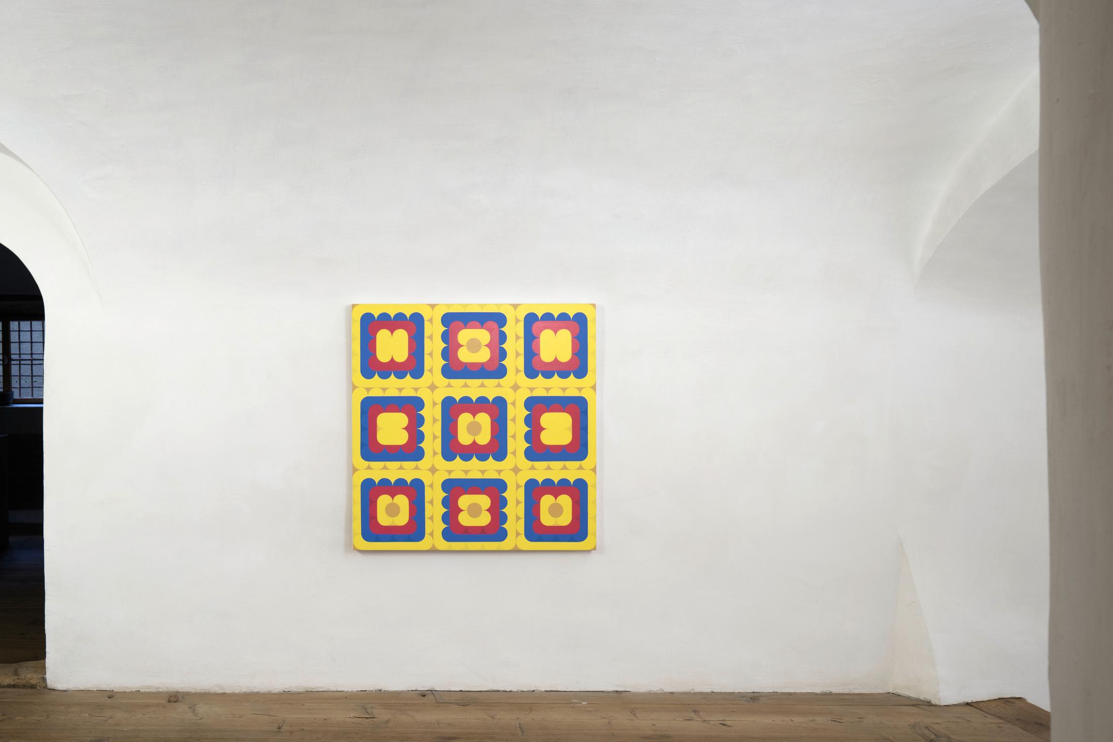 Exhibition View Dan Walsh Soloshow «AfterMath; view on Dan Walsh, Surplus, 2020, acrylic on canvas, 101.6 x 101.6 cm» at Galerie Tschudi, Zuoz, 2020 / Photo: Ralph Feiner, Malans / Courtesy: the artist and Galerie Tschudi