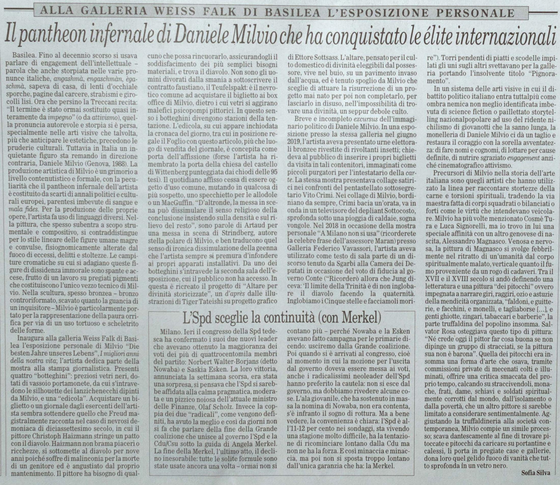 Exhibition View Daniele Milvio Soloshow «Die besten Jahre unseres Lebens; view on Vetreria Nuova Veleno, 2019; view on Il Foglio, 2019 (Newspaper, Ed. 100)» at Weiss Falk, Basel, 2019 / Photo: Flavio Karrer / Courtesy: the artist and Weiss Falk