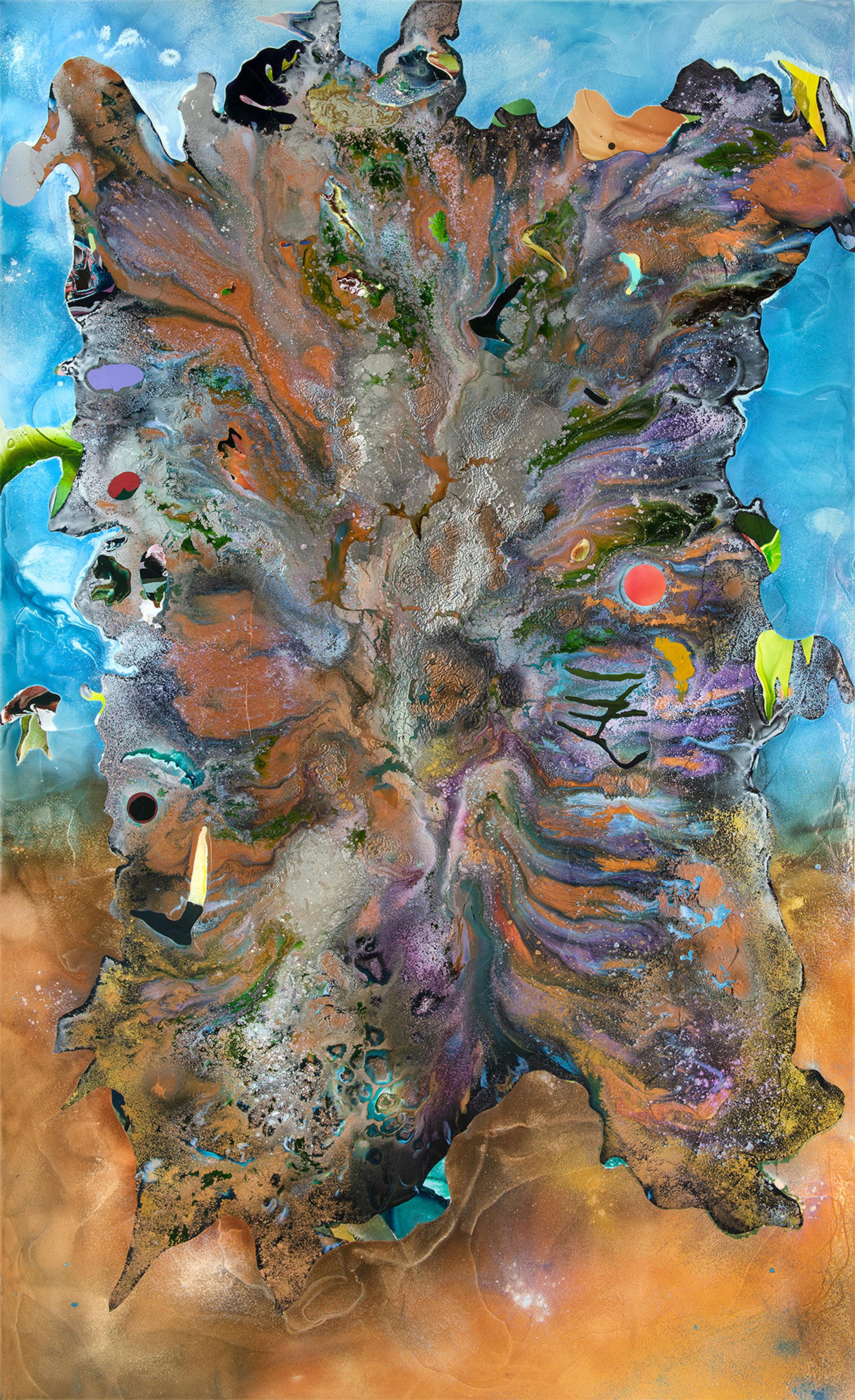 Exhibition View Dave Bopp Soloshow «floating icebergs with a taste of antimatter crazy physics; view on Dave Bopp, Astral Beast N3, 2020, mixed media on a luminium composite board, 270x165cm» at Galerie Mark Müller, Zurich, 2020 / Photo: Conradin Frei / Courtesy: the artist and Galerie Mark Müller