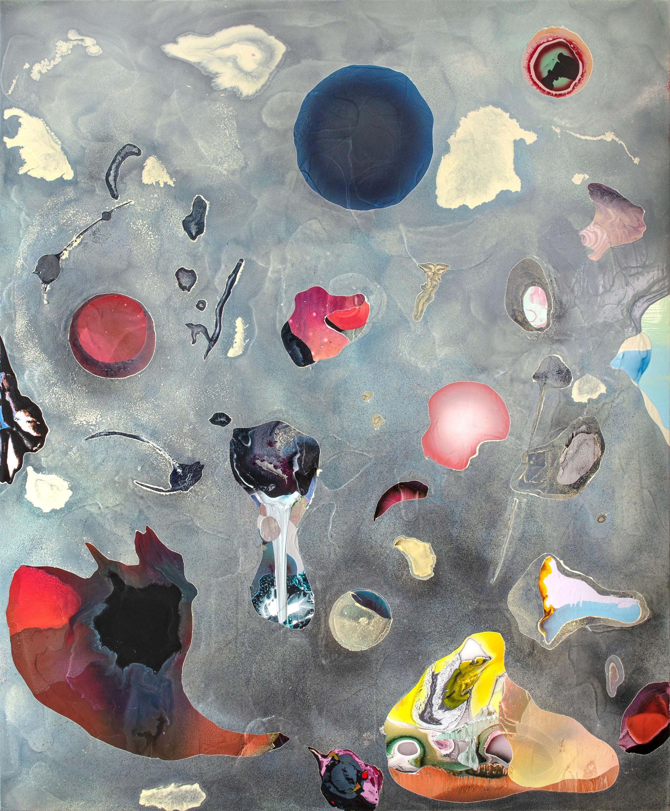 Exhibition View Dave Bopp Soloshow «floating icebergs with a taste of antimatter crazy physics; view on Dave Bopp, Boulder, 2019, mixed media on aluminium composite board, 230x190cm» at Galerie Mark Müller, Zurich, 2020 / Photo: Conradin Frei / Courtesy: the artist and Galerie Mark Müller