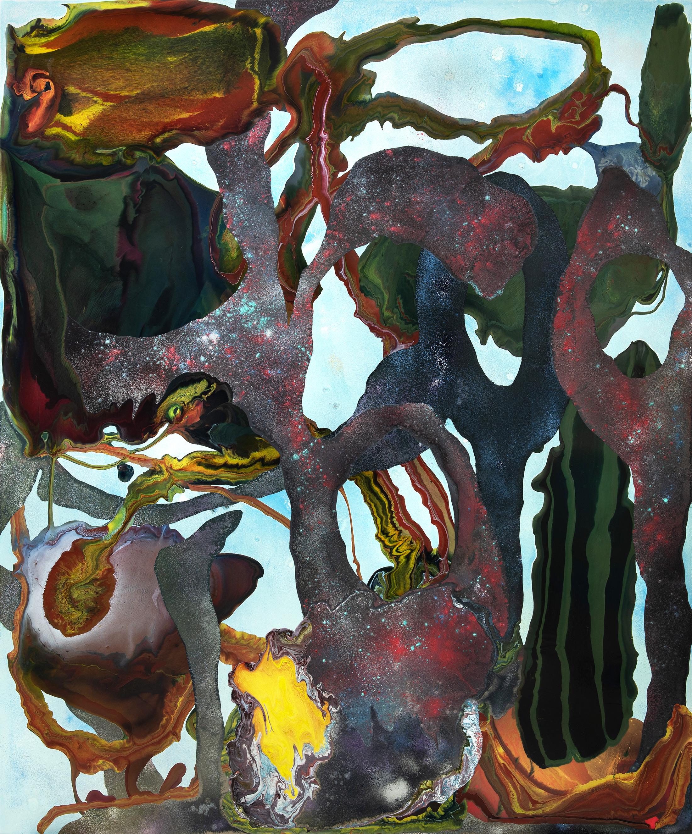 Exhibition View Dave Bopp Soloshow «floating icebergs with a taste of antimatter crazy physics; view on Dave Bopp, Debris, 2020, mixed media on aluminium composite board, 205 x 170cm» at Galerie Mark Müller, Zurich, 2020 / Photo: Conradin Frei / Courtesy: the artist and Galerie Mark Müller