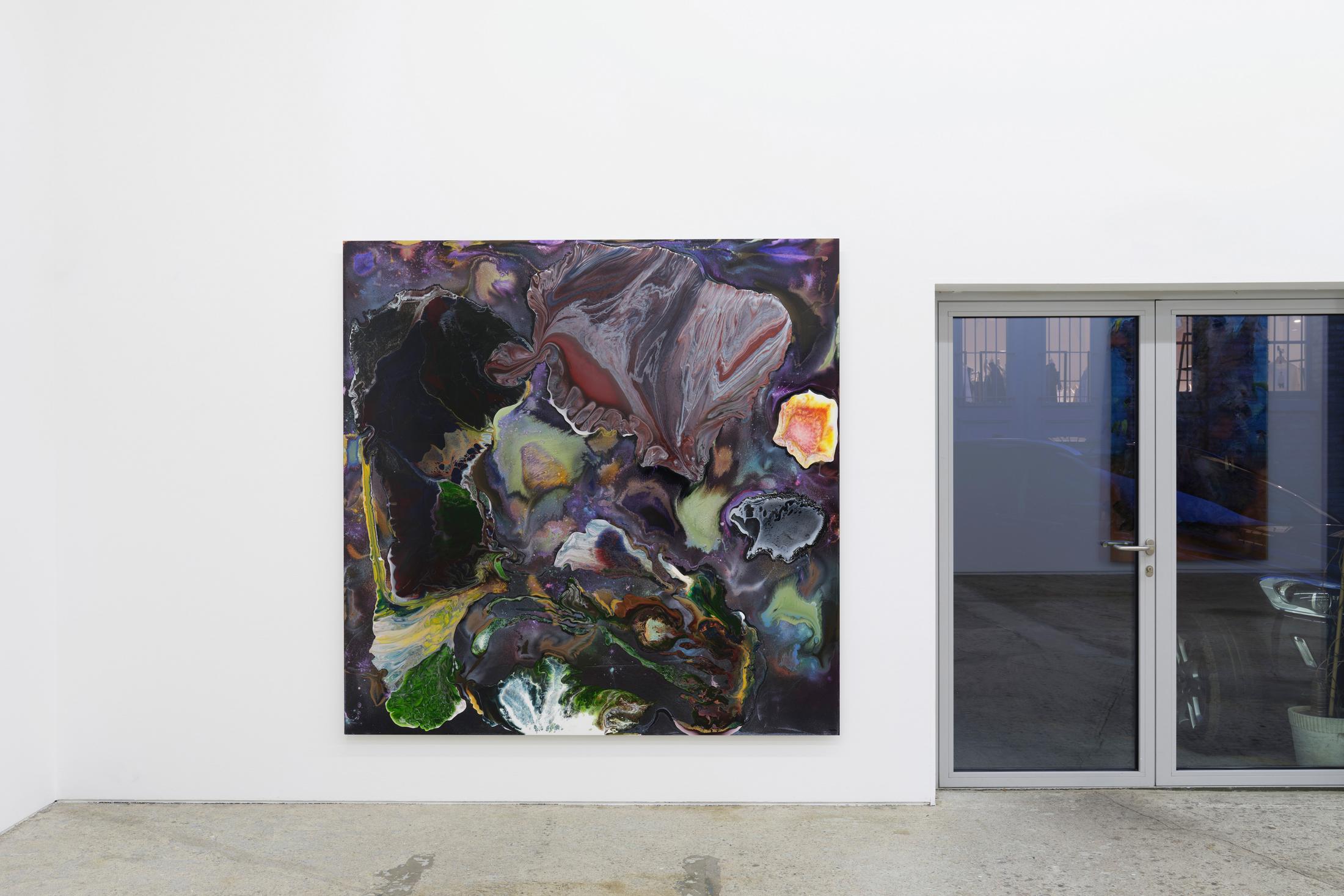 Exhibition View Dave Bopp Soloshow «floating icebergs with a taste of antimatter crazy physics; view on Dave Bopp, Mock Suns, 2020, mixed media on aluminium composite board, 200x200cm» at Galerie Mark Müller, Zurich, 2020 / Photo: Conradin Frei / Courtesy: the artist and Galerie Mark Müller