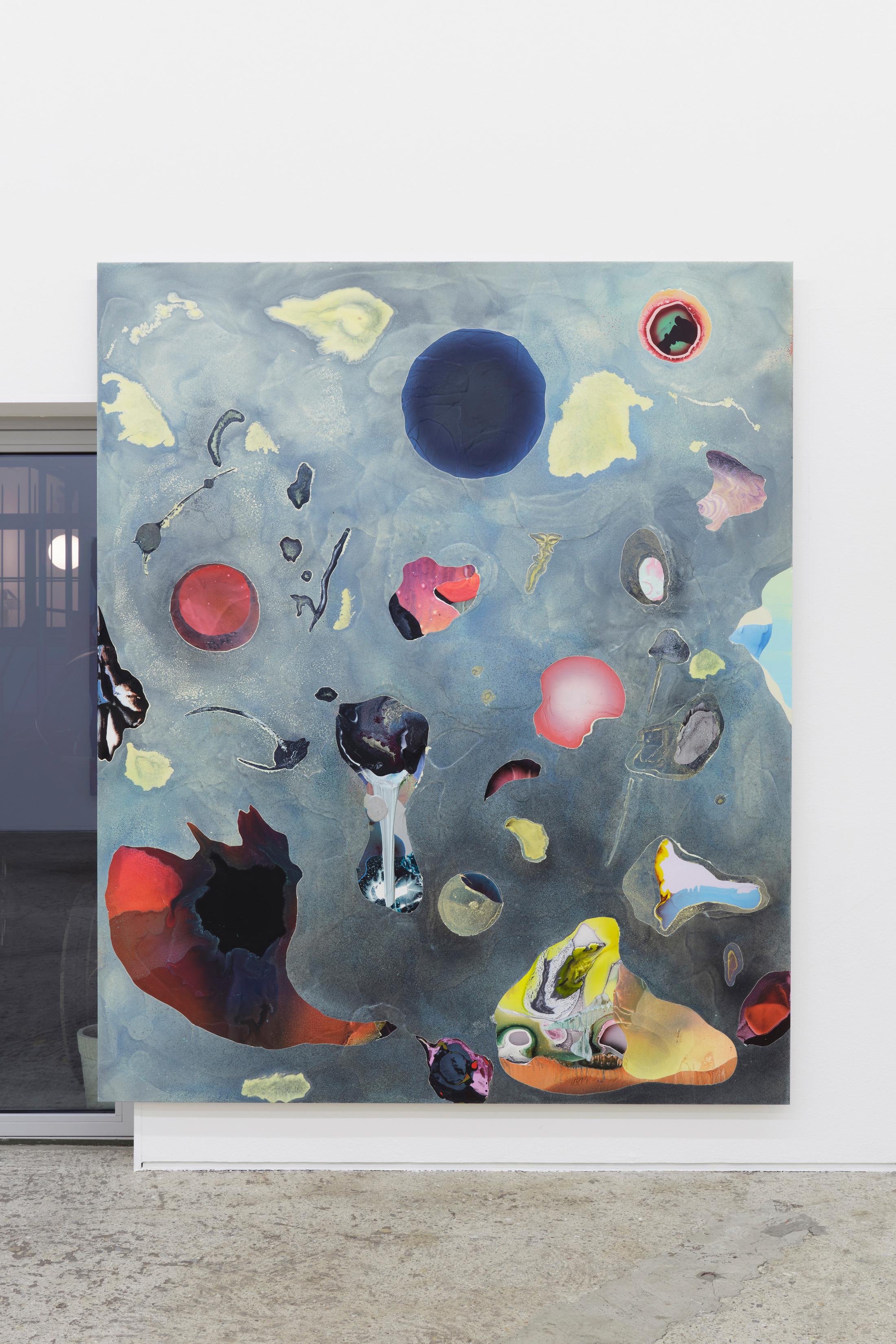 Exhibition View Dave Bopp Soloshow «floating icebergs with a taste of antimatter crazy physics; view on Dave Bopp, Boulder, 2019, mixed media on aluminium composite board, 230x190cm» at Galerie Mark Müller, Zurich, 2020 / Photo: Conradin Frei / Courtesy: the artist and Galerie Mark Müller