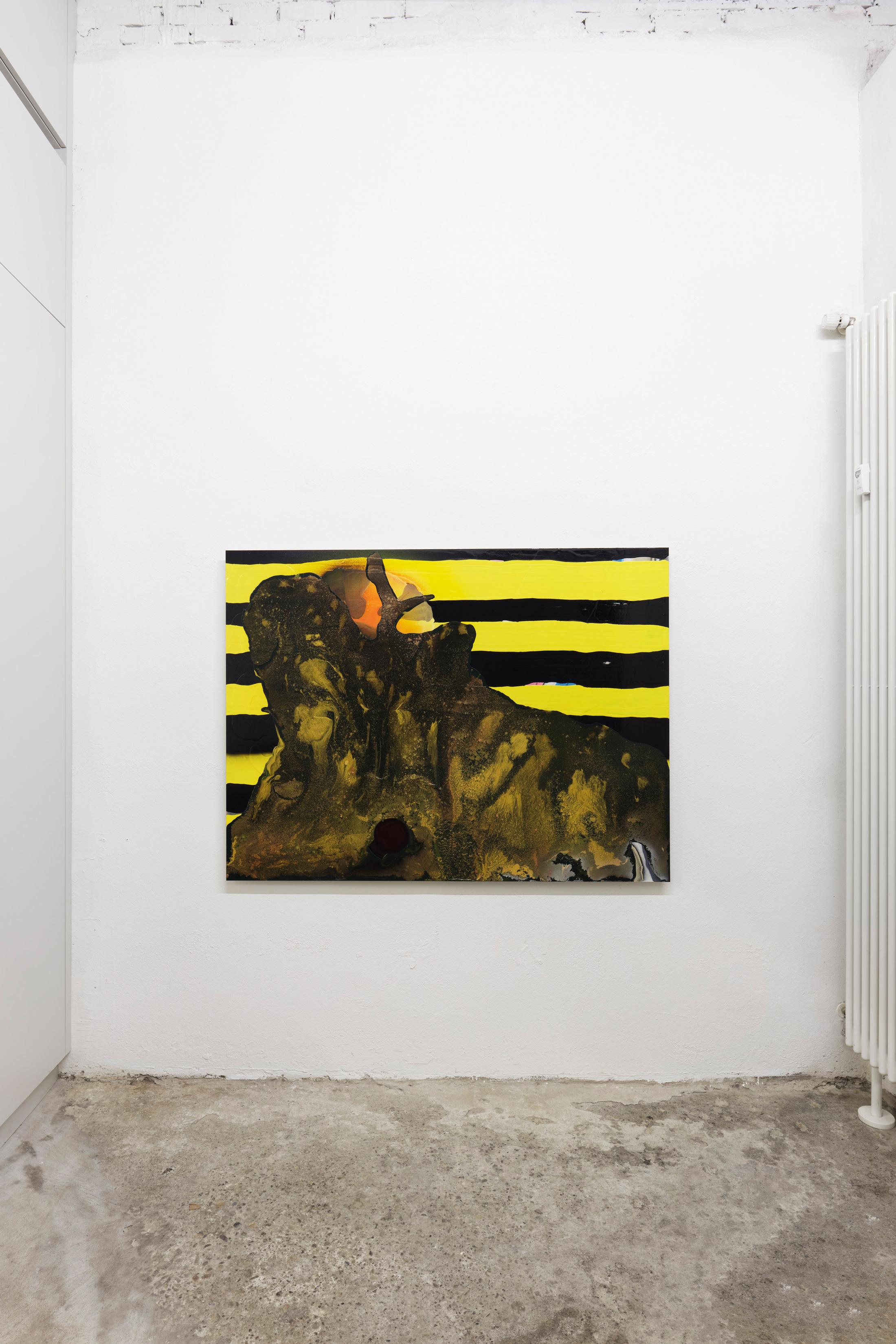 Exhibition View Dave Bopp Soloshow «floating icebergs with a taste of antimatter crazy physics; view on Dave Bopp, Sundown, 2019, mixed media on aluminium composite board, 120x160cm» at Galerie Mark Müller, Zurich, 2020 / Photo: Conradin Frei / Courtesy: the artist and Galerie Mark Müller