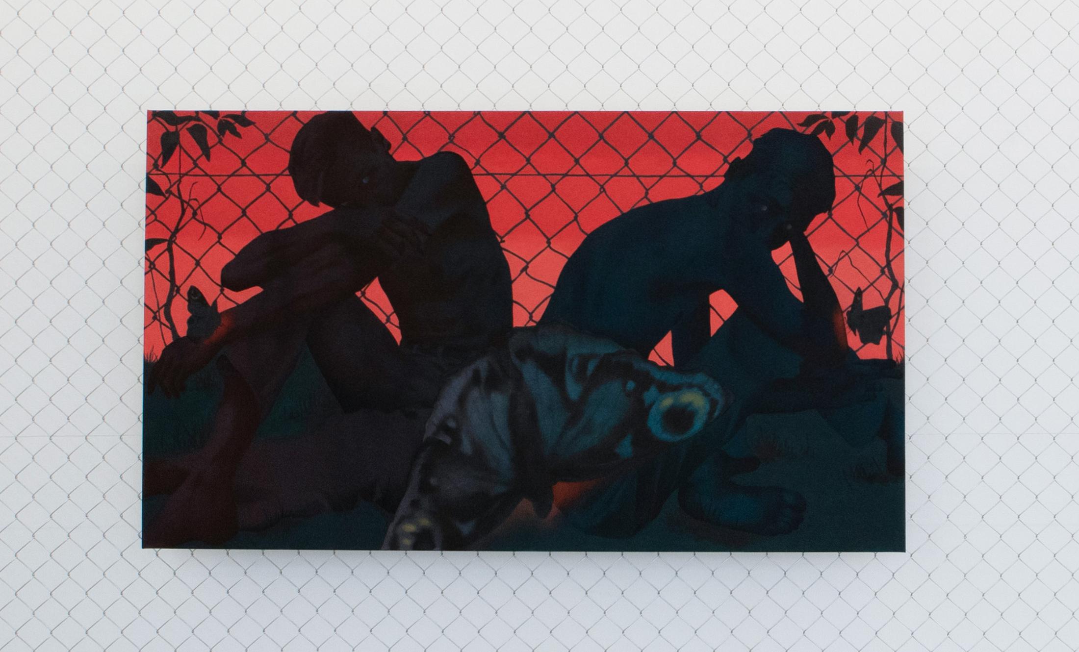 Exhibition View David Weishaar Solo Show «The Rose Is Without 'Why'; view on David Weishaar, You Keep Follow Close, oil and acrylic on canvas, 90 x 160 cm, 2022» at KALI Gallery, Lucerne, 2022 / Photo: Marco Vogel / Courtesy: the artist and KALI Gallery