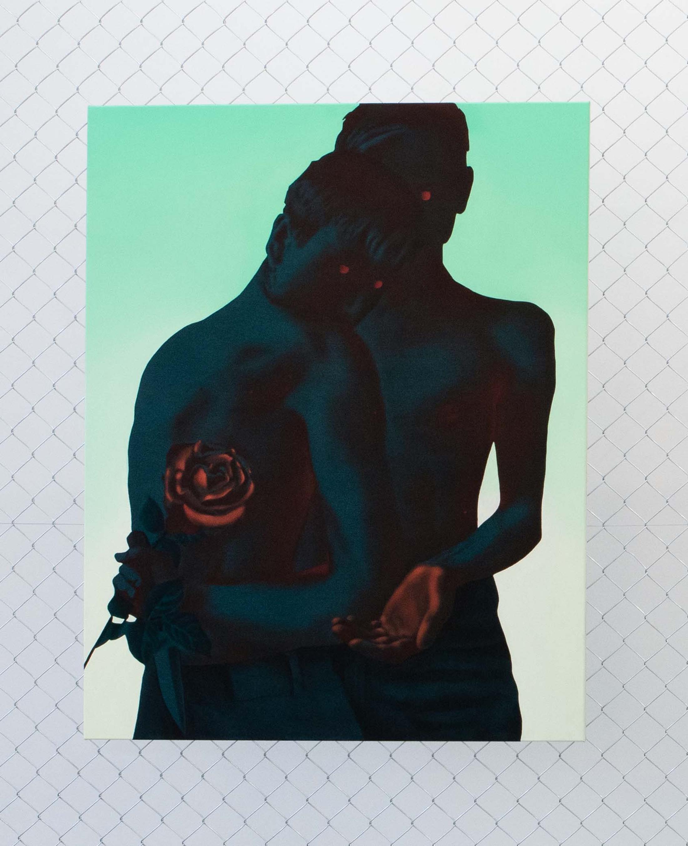 Exhibition View David Weishaar Solo Show «The Rose Is Without 'Why'; view on David Weishaar, Dystopic Queers, oil and acrylic on canvas, 110 x 90 cm, 2022» at KALI Gallery, Lucerne, 2022 / Photo: Marco Vogel / Courtesy: the artist and KALI Gallery