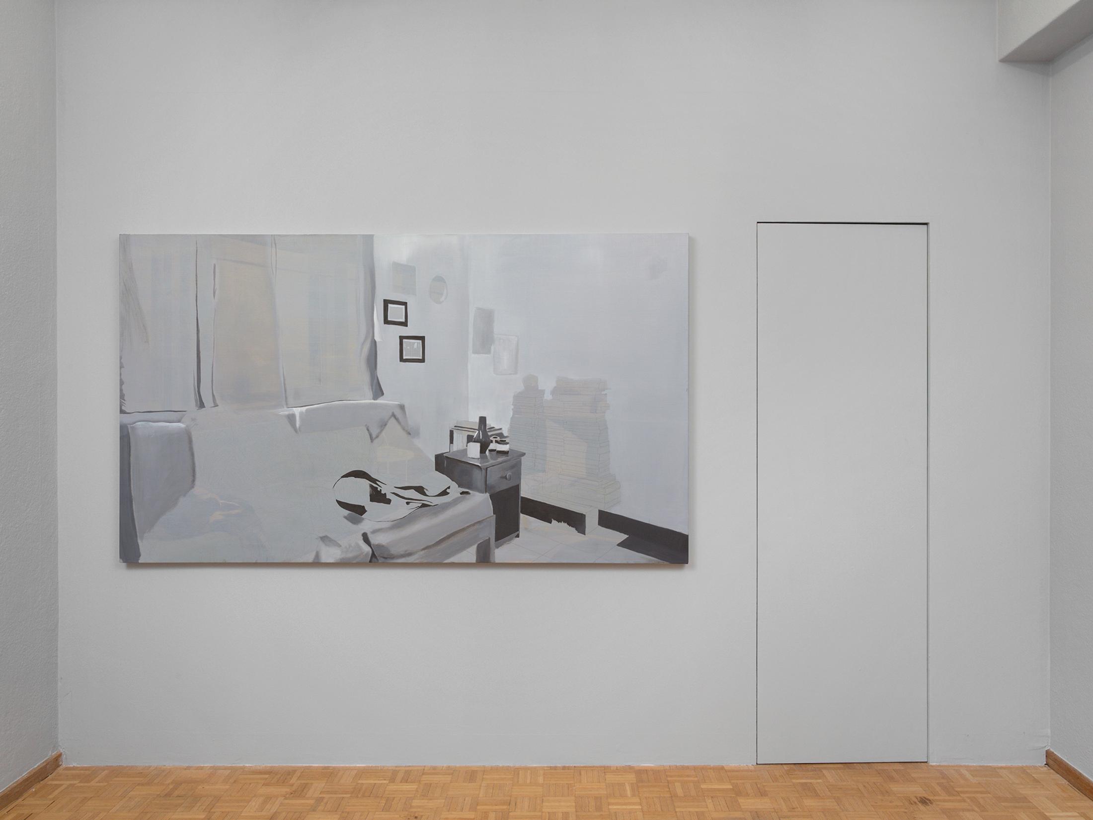 Exhibition View Deborah-Joyce Holman Solo Show «Beautiful and tough as chestnut/stanchions against our nightmare of weakness; view on Deborah-Joyce Holman, for much longer duration than before, 2022, Oil on linen canvas, 125 x 225 cm» at Sentiment, Zurich, 2022 / Photo: Philipp Rupp / Courtesy: the artist and Sentiment