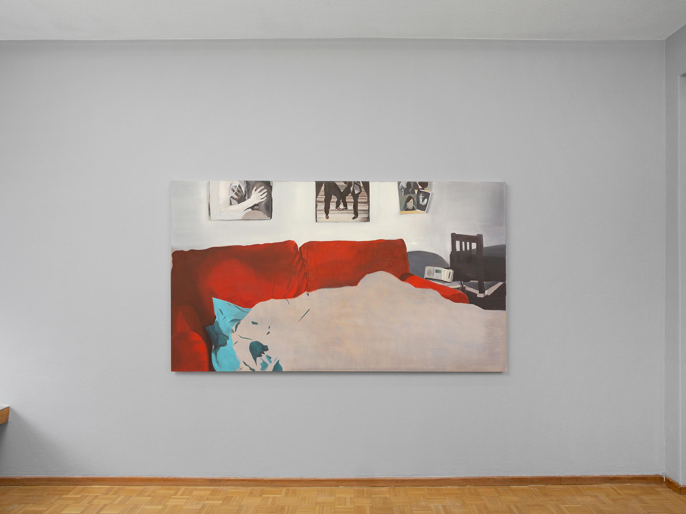 Exhibition View Deborah-Joyce Holman Solo Show «Beautiful and tough as chestnut/stanchions against our nightmare of weakness; view on Deborah-Joyce Holman, half valve / sustain nonchordal pitch, 2022, Oil on linen canvas, 125 x 225 cm» at Sentiment, Zurich, 2022 / Photo: Philipp Rupp / Courtesy: the artist and Sentiment