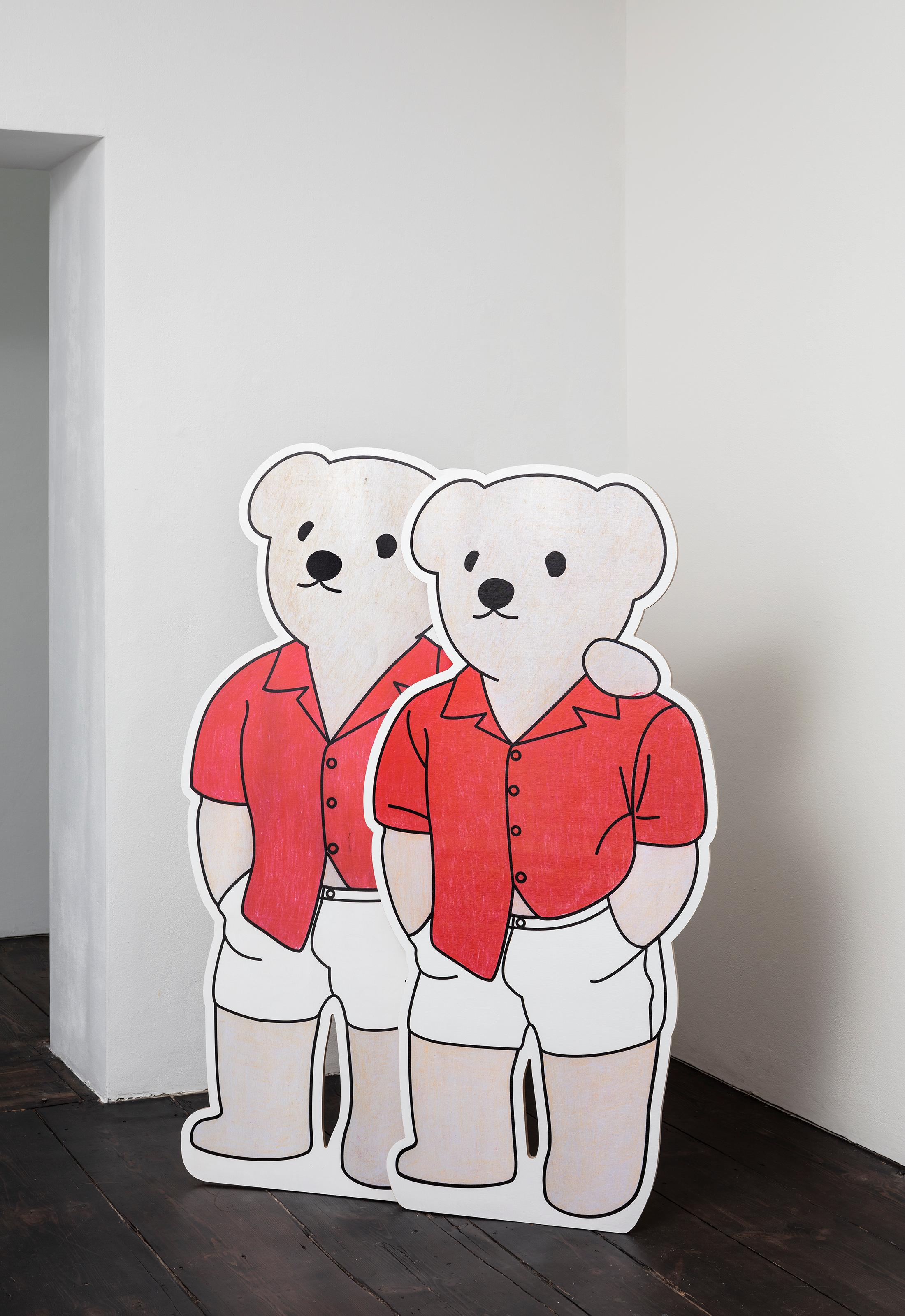 Exhibition View Groupshow «Die Läden sind geschlossen; view on Timothy Davies, We 2 Bears (Double Beach Bum), 2019» at Weiss Falk, Basel, 2019 / Photo: Flavio Karrer / Courtesy: Courtesy: Weiss Falk and the Artists; Jenny's, Los Angeles; Karin Guenther, Hamburg; Project Native Informant, London; Sandy Brown, Berlin; Soft Opening, London; What Pipeline, Detroit