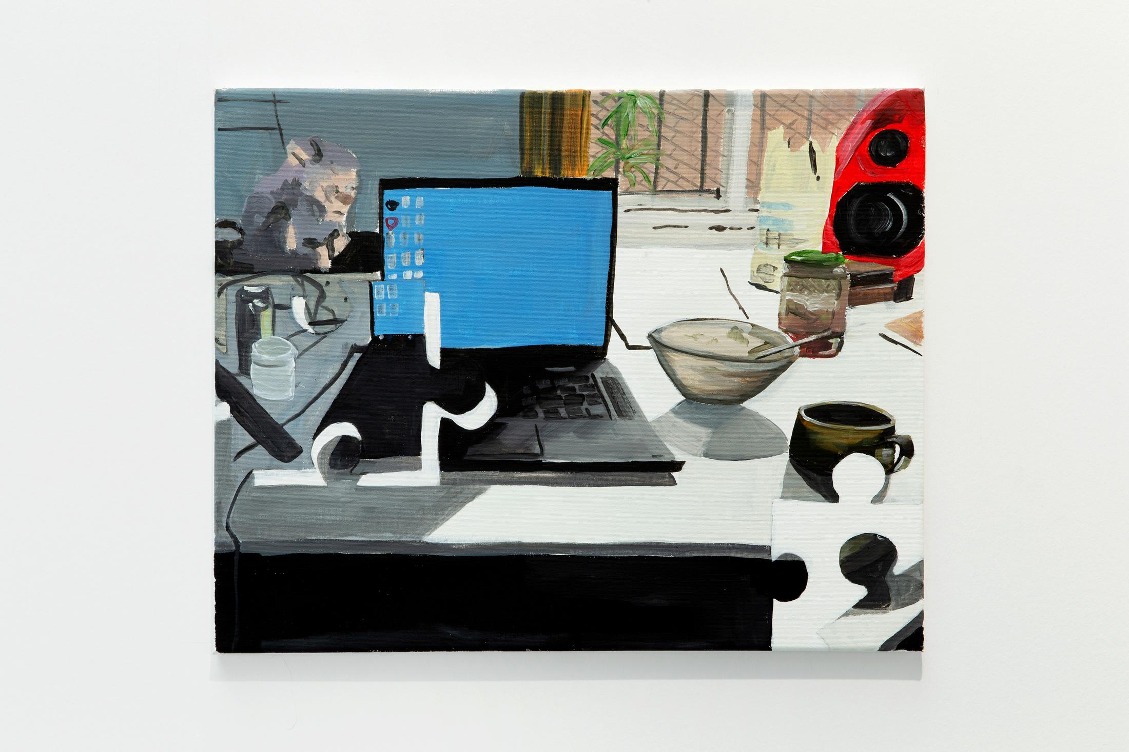 Exhibition View Groupshow «Die Läden sind geschlossen; view on Morag Keil, Jigsaw, 2019» at Weiss Falk, Basel, 2019 / Photo: Flavio Karrer / Courtesy: Courtesy: Weiss Falk and the Artists; Jenny's, Los Angeles; Karin Guenther, Hamburg; Project Native Informant, London; Sandy Brown, Berlin; Soft Opening, London; What Pipeline, Detroit