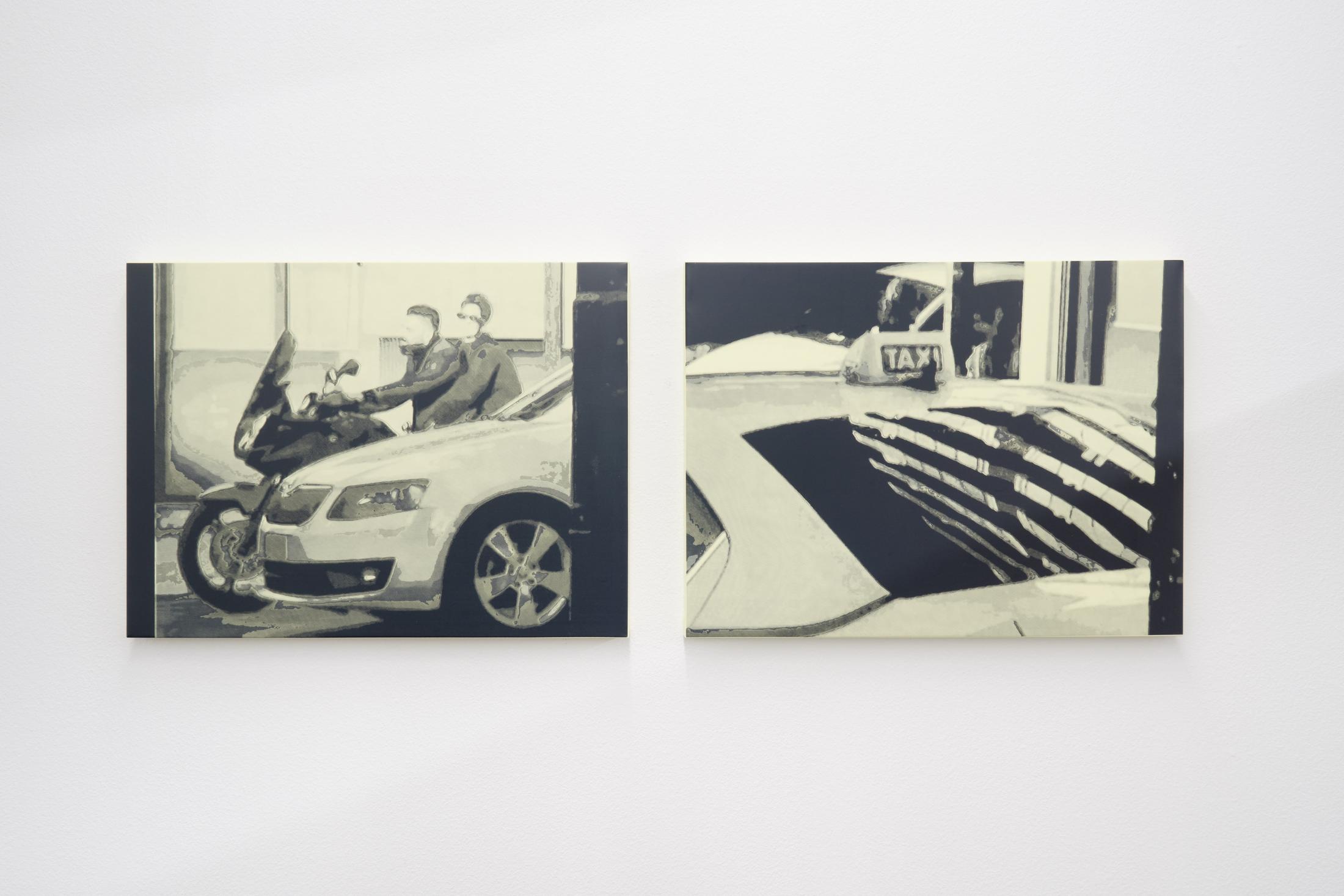 Exhibition View Dominic Michel Solo Show «Trance; view on Dominic Michel, Shoes, Taxi, Tombs and Statues, 2023, silkscreen print on canvas, 60 x 80 cm each» at unanimous consent, Zurich, 2023 / Photo: Philip Ullrich / Courtesy: the artist and unanimous consent