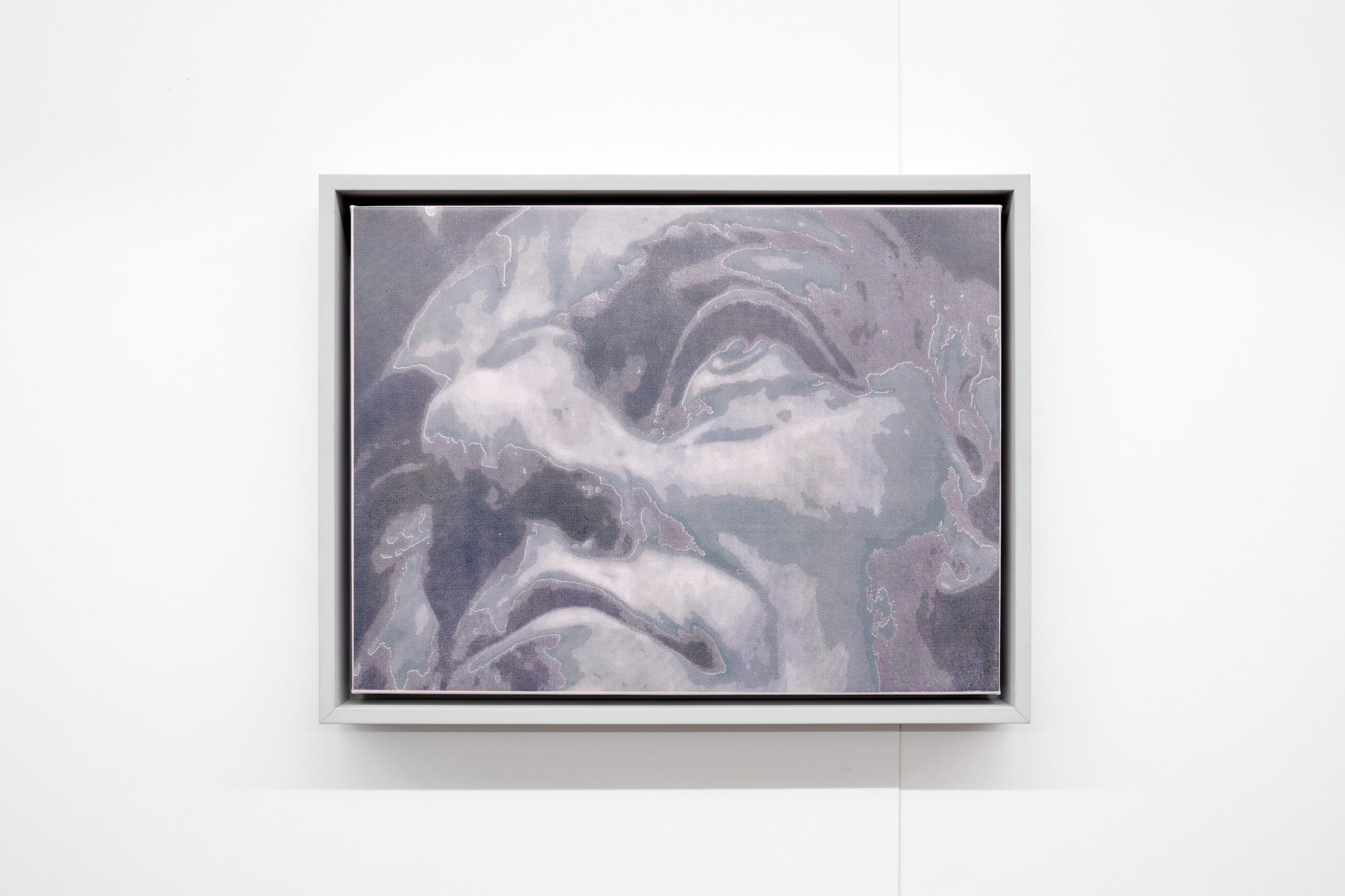 Exhibition View Dominic Michel Solo Show «Trance; view on Dominic Michel, Shoes, Taxi, Tombs and Statues, 2023, silkscreen print on canvas, framed, 30 x 40 cm» at unanimous consent, Zurich, 2023 / Photo: Philip Ullrich / Courtesy: the artist and unanimous consent