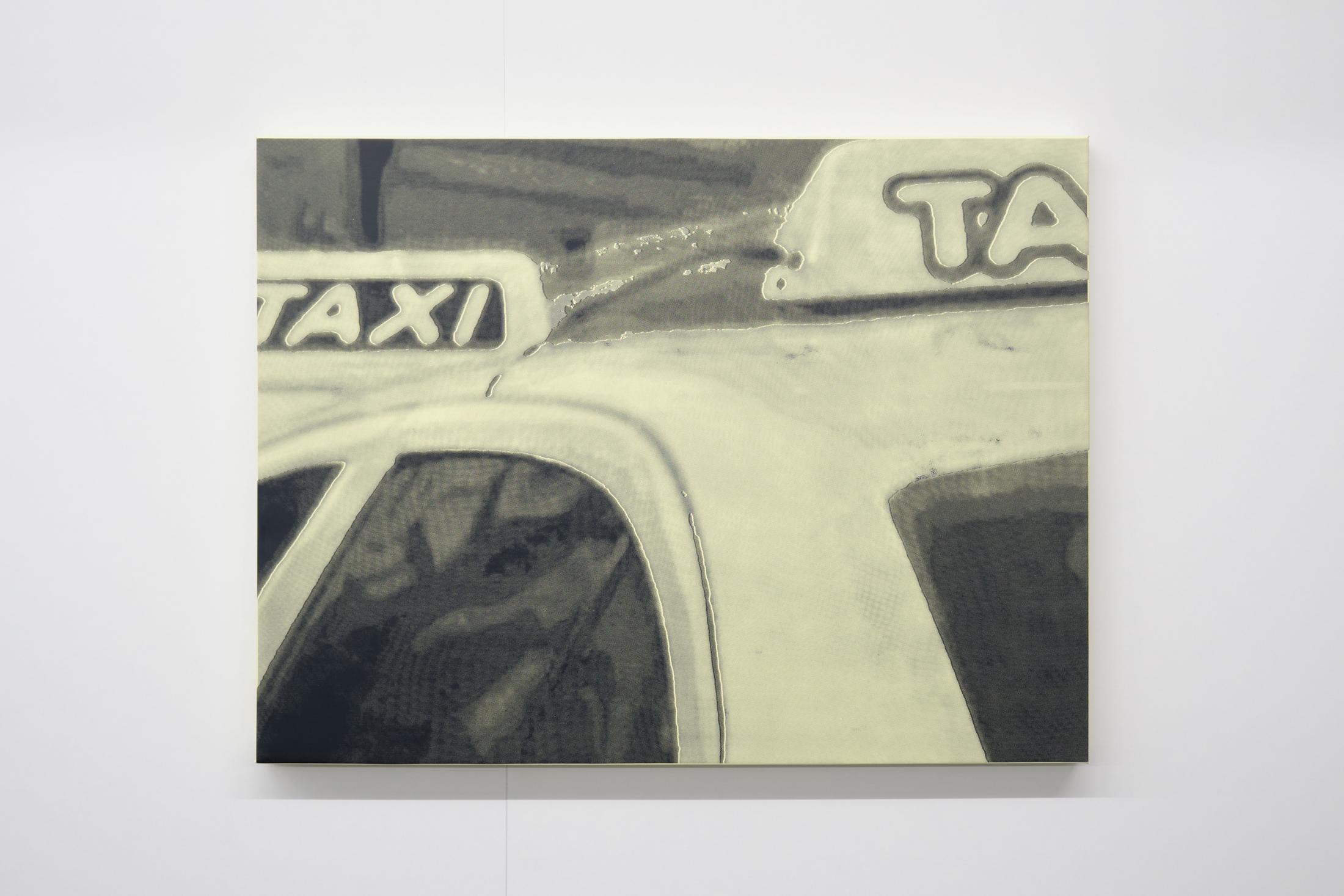 Exhibition View Dominic Michel Solo Show «Trance; view on Dominic Michel, Shoes, Taxi, Tombs and Statues, 2023, silkscreen print on canvas, 60 x 80 cm» at unanimous consent, Zurich, 2023 / Photo: Philip Ullrich / Courtesy: the artist and unanimous consent