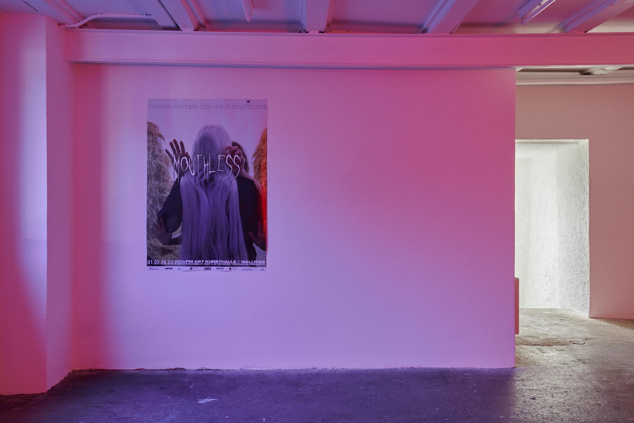 Exhibition View Dorota Gawęda and Eglė Kulbokaitė Soloshow «Mouthless» at WallRiss, Fribourg, 2020 / Photo: Guillaume Baeriswyl / Courtesy: Fri Art Kunsthalle