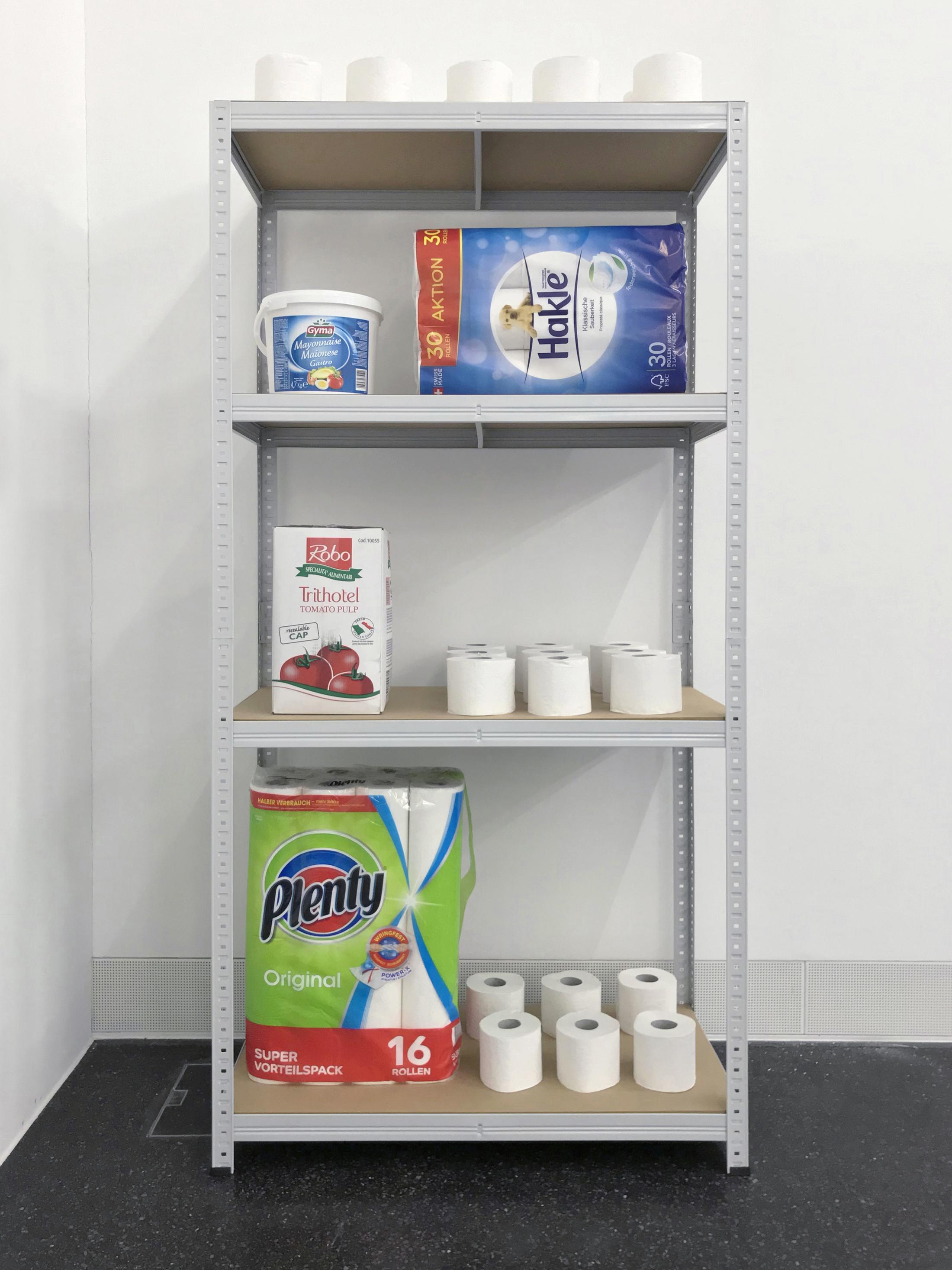 Exhibition View Eliza Douglas / Puppies Puppies (Jade Kuriki Olivo) Groupshow (view on Puppies Puppies, Survival Preparations (Dedicated to Carlos Olivo) (My Father) (RIP), 2019) at Galerie Francesca Pia, Zurich, 2019 / Photo: Annik Wetter / Courtesy: the artists and Galerie Francesca Pia