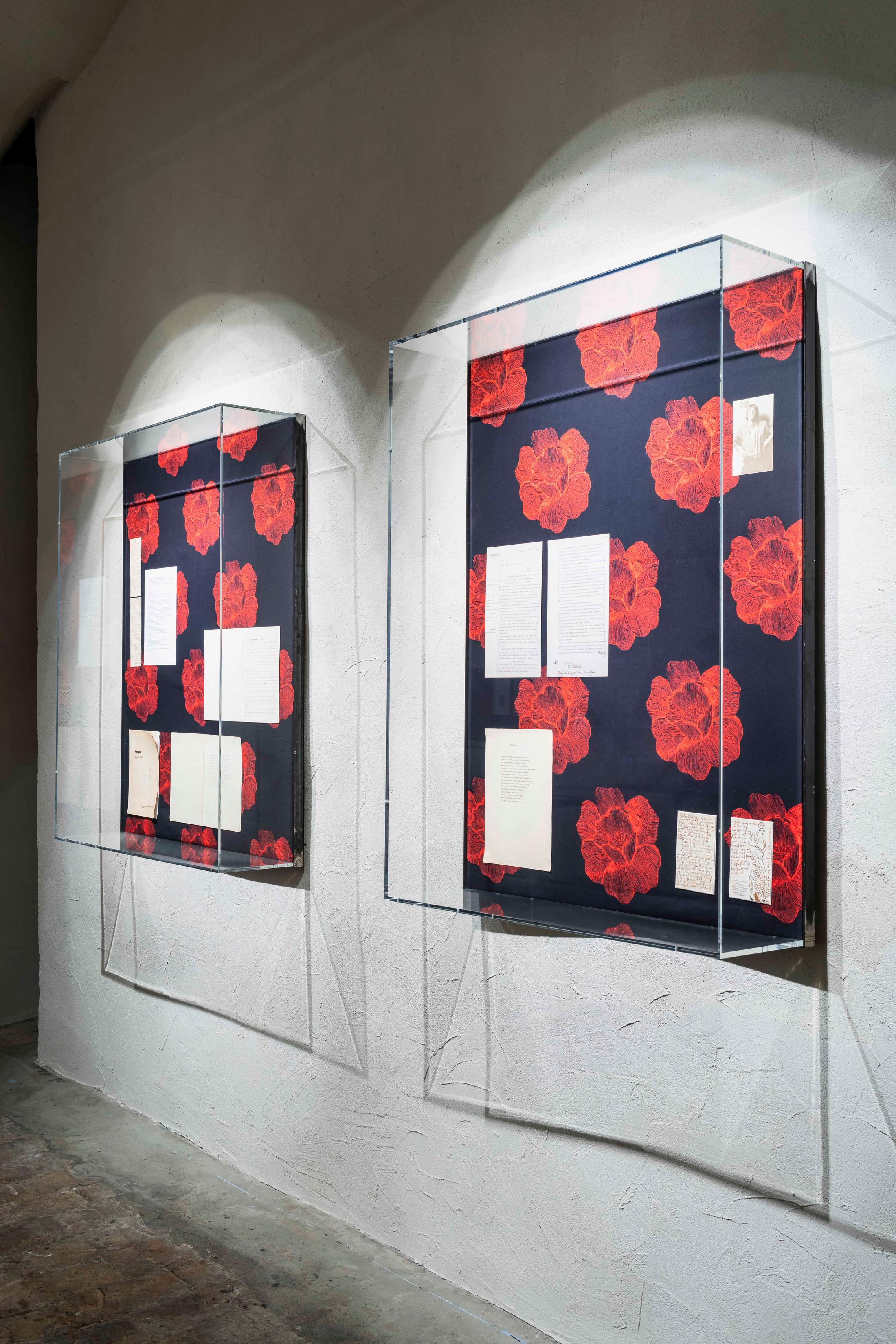 Exhibition View Emmy Hennings / Sitara Abuzar Ghaznawi Joint Exhibition (view on various works by Emmy Hennings and Sitara Abuzar Ghaznawi) at Cabaret Voltaire, Zurich, 2020 / Photo: Gunnar Meier / Courtesy Sitara Abuzar Ghaznawi: the artist; Courtesy Emmy Hennings: Schweizerisches Literaturarchiv and Cabaret Voltaire