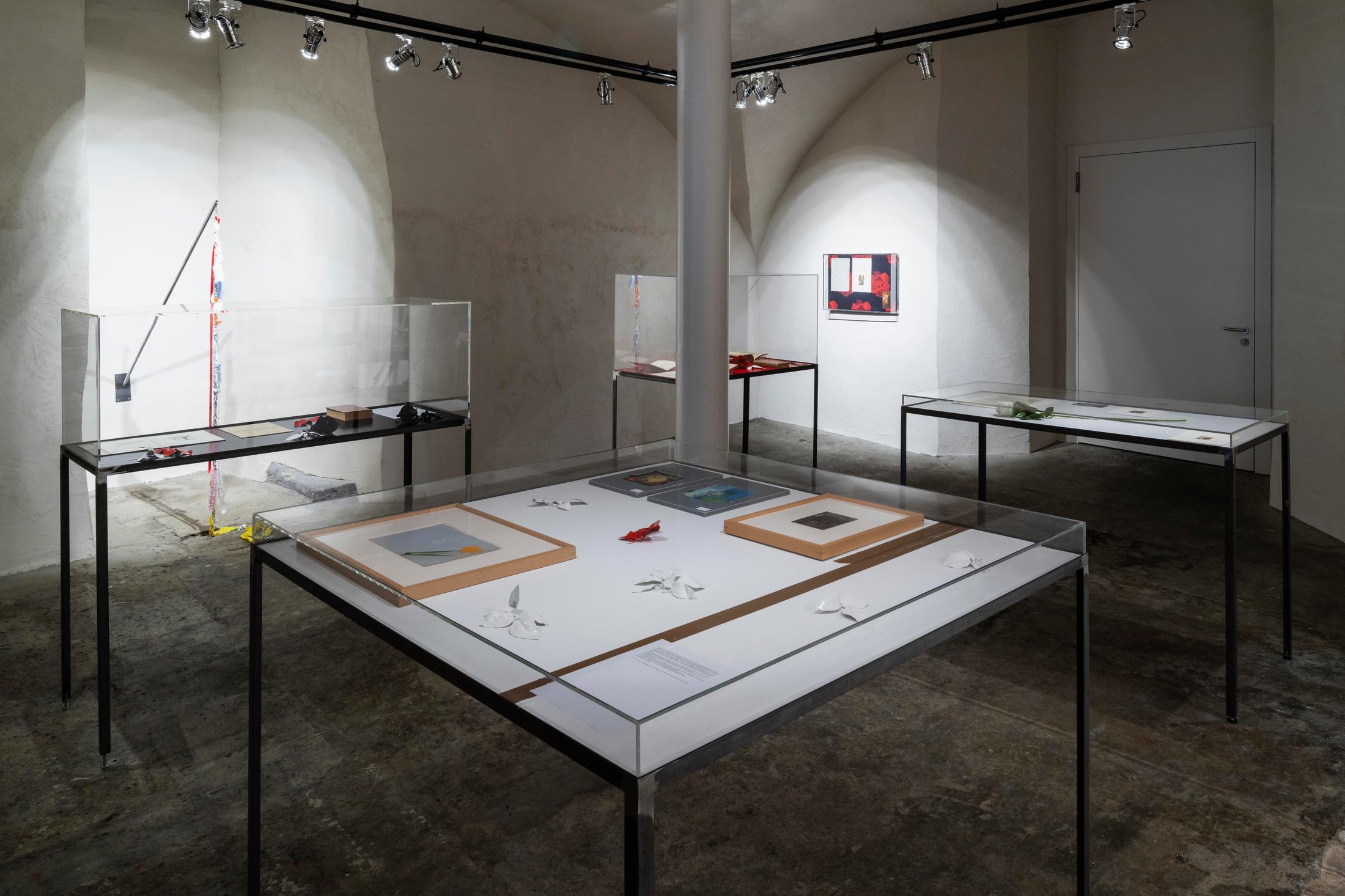 Exhibition View Emmy Hennings / Sitara Abuzar Ghaznawi Joint Exhibition (view on various works by Emmy Hennings and Sitara Abuzar Ghaznawi) at Cabaret Voltaire, Zurich, 2020 / Photo: Gunnar Meier / Courtesy Sitara Abuzar Ghaznawi: the artist; Courtesy Emmy Hennings: Schweizerisches Literaturarchiv and Cabaret Voltaire