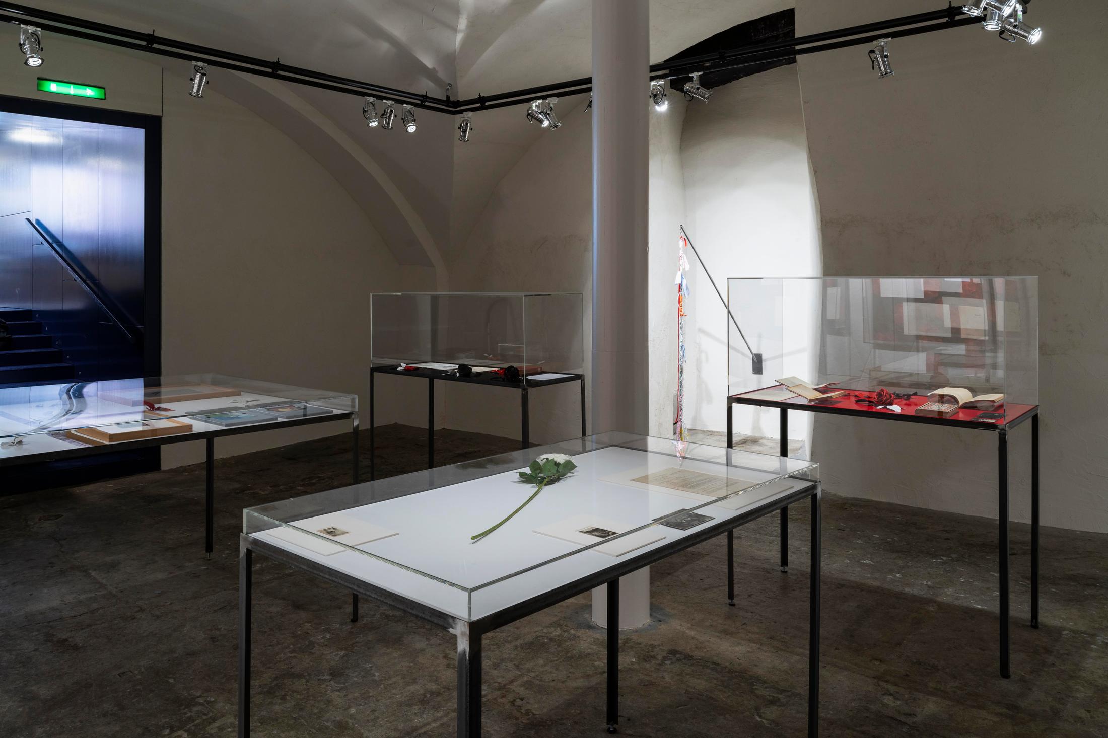 Exhibition View Emmy Hennings / Sitara Abuzar Ghaznawi Joint Exhibition (view on various works by Emmy Hennings and Sitara Abuzar Ghaznawi) at Cabaret Voltaire, Zurich, 2020 / Photo: Gunnar Meier / Courtesy Sitara Abuzar Ghaznawi: the artist; Courtesy Emmy Hennings: Schweizerisches Literaturarchiv and Cabaret Voltaire