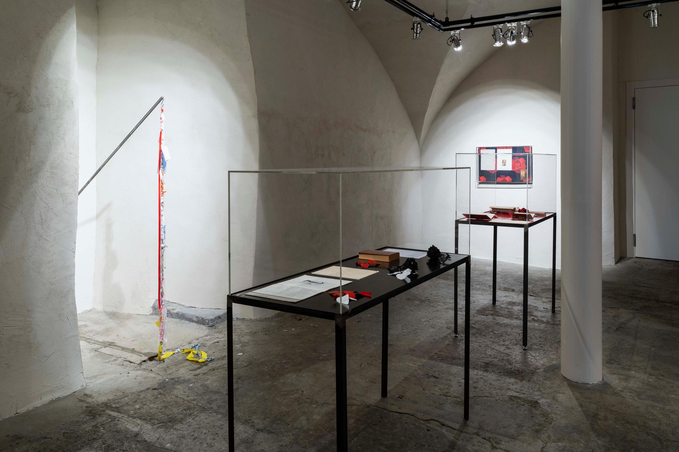 Exhibition View Emmy Hennings / Sitara Abuzar Ghaznawi Joint Exhibition (view on various works by Emmy Hennings and Sitara Abuzar Ghaznawi) at Cabaret Voltaire, Zurich, 2020 / Photo: Gunnar Meier / Courtesy Sitara Abuzar Ghaznawi: the artist; Courtesy Emmy Hennings: Schweizerisches Literaturarchiv and Cabaret Voltaire