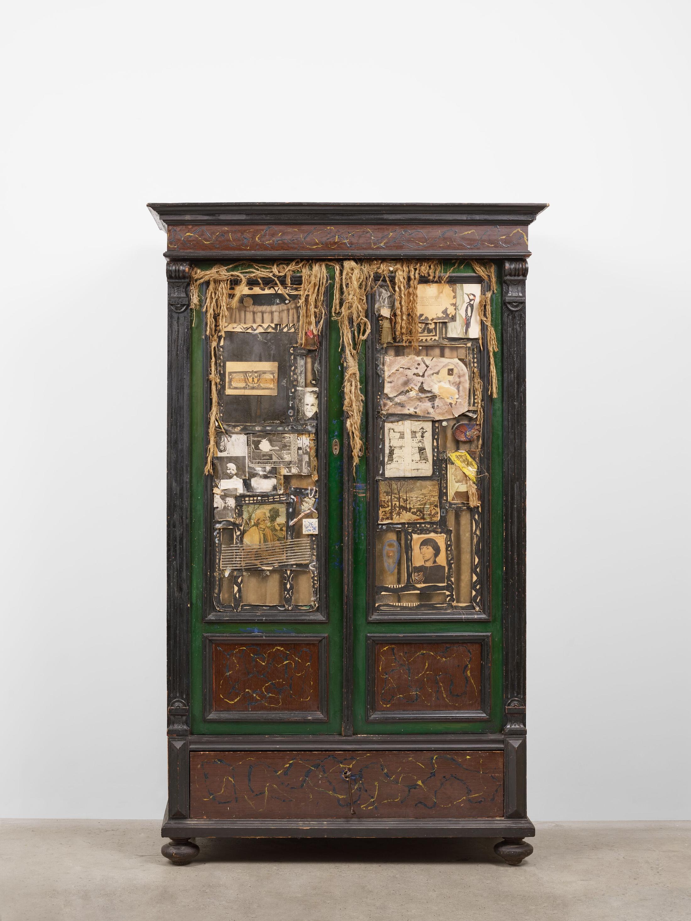 Exhibition View Erna Rosenstein «Solo Show; view on Erna Rosenstein, Szafa (Cabinet), 1960-2004 c., Wardrobe cabinet with collage and assemblage elements, 179 x 50 x 107 cm» at Hauser & Wirth, Zurich, 2022-2023 / Photo: Thomas Barratt / Courtesy: The Estate of Erna Rosenstein / Adam Sandauer, Hauser & Wirth and Foksal Gallery Foundation