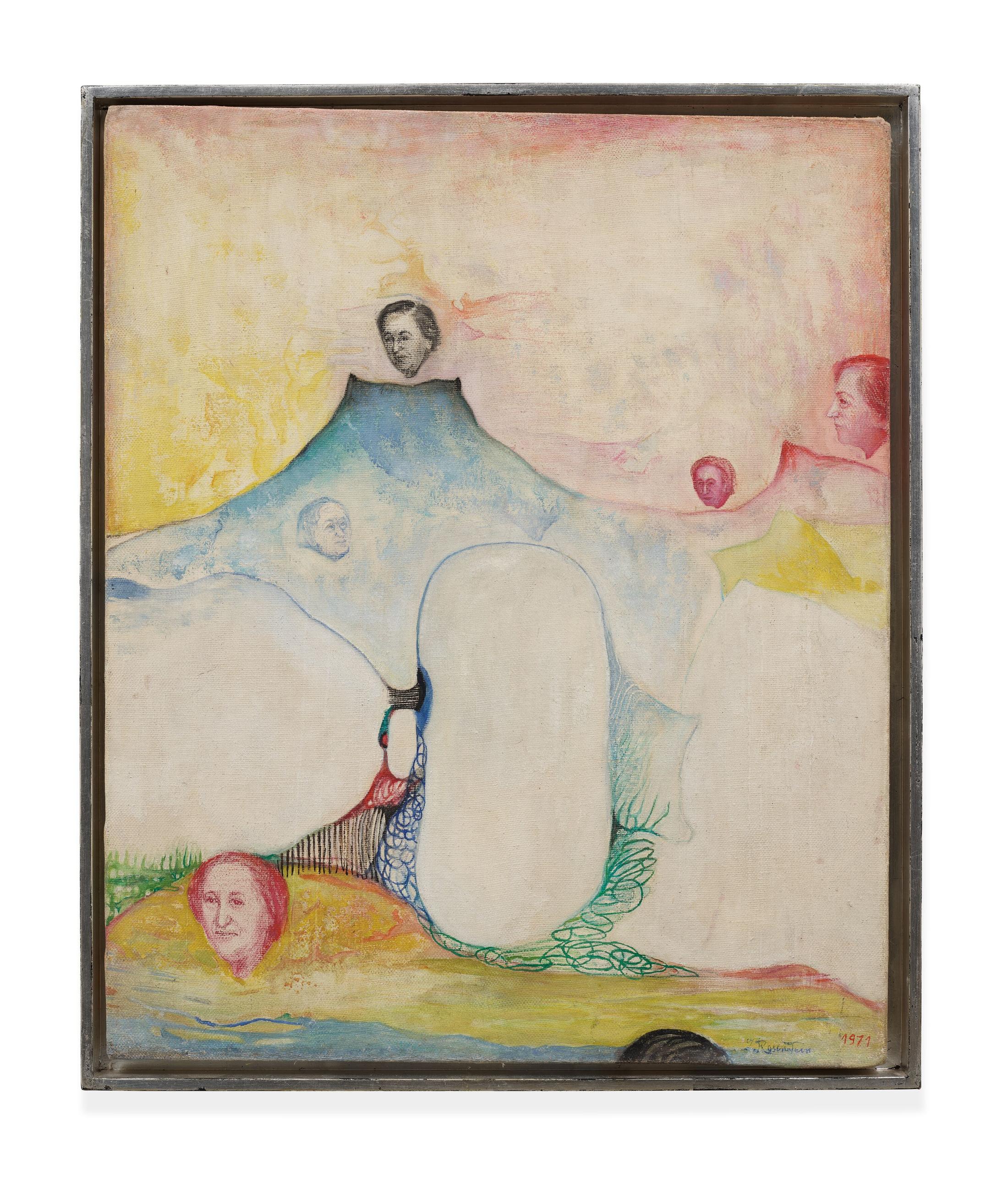 Exhibition View Erna Rosenstein «Solo Show; view on Erna Rosenstein, Osobna pora (Separate Season), 1971, Oil and mixed media on canvas, 73.7 x 60.6 x 2.5 cm» at Hauser & Wirth, Zurich, 2022-2023 / Photo: Thomas Barratt / Courtesy: The Estate of Erna Rosenstein / Adam Sandauer, Hauser & Wirth and Foksal Gallery Foundation