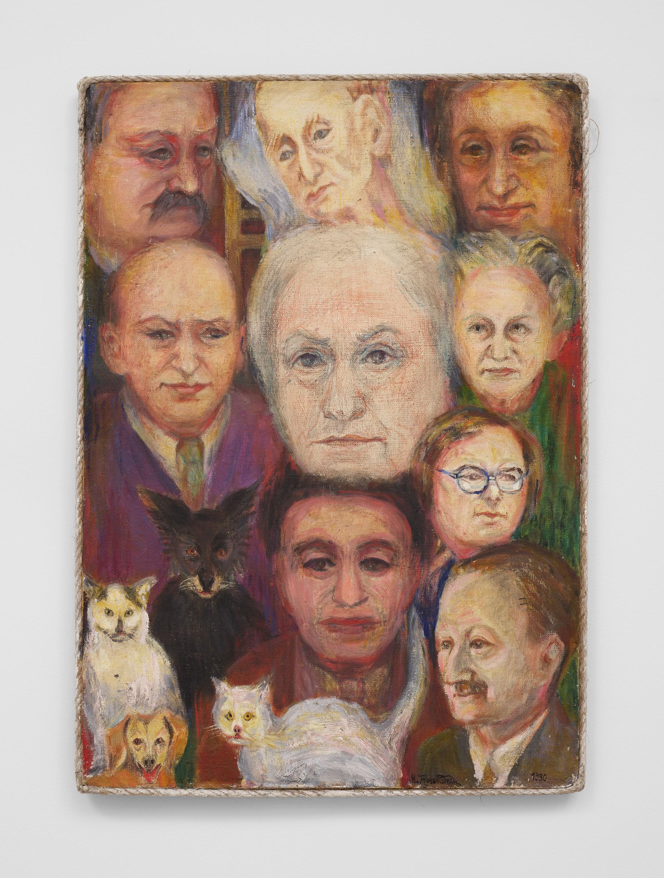 Exhibition View Erna Rosenstein «Solo Show; view on Erna Rosenstein, Obecność (Presence), 1990, Oil on canvas with twine frame, 56 x 39.5 cm» at Hauser & Wirth, Zurich, 2022-2023 / Photo: Thomas Barratt / Courtesy: The Estate of Erna Rosenstein / Adam Sandauer, Hauser & Wirth and Foksal Gallery Foundation