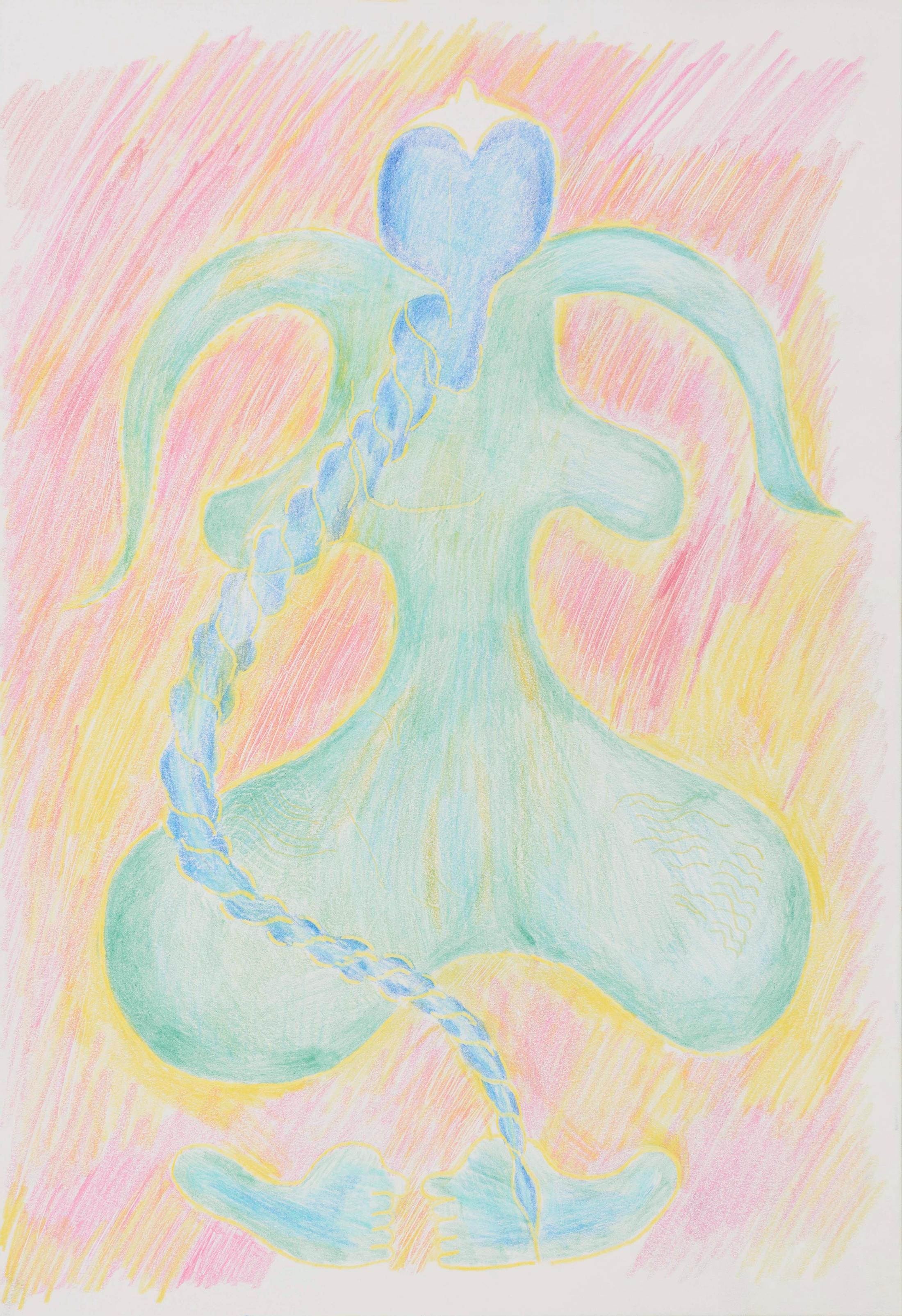 Exhibition View Florian Germann Solo Show «raised by dogs; view on Florian Germann, Untitled, 2020, Colored pencil on paper, framed, five elements, Paper: 42 x 29 cm each, Frame: 46.3 x 33.3 x 2.8 cm each» at Galerie Gregor Staiger, Zurich, 2020 / Courtesy: the artist and Galerie Gregor Staiger