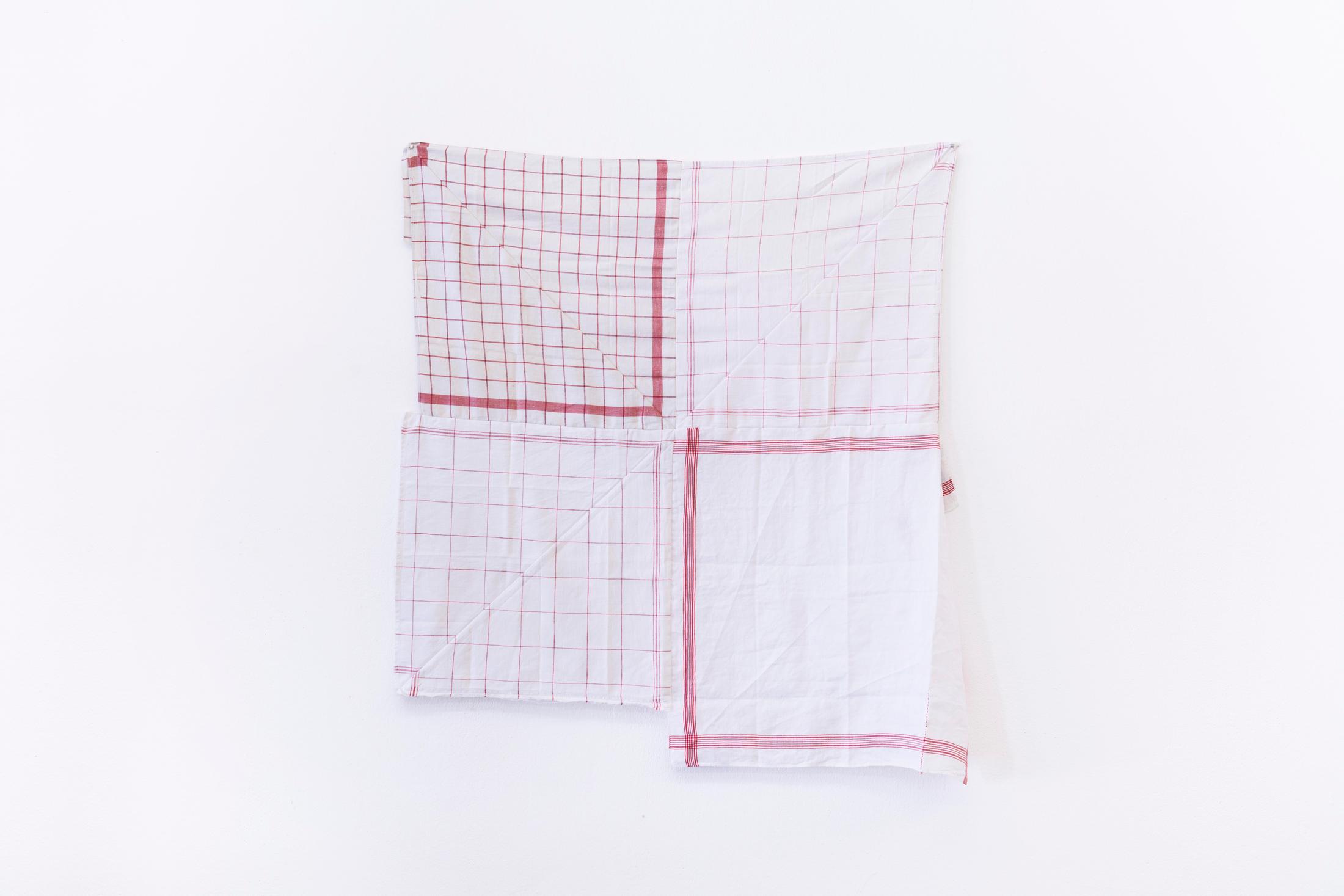 Exhibition View Groupshow «For; view on Axelle Stiefel, The Red Thread (After L.B.), kitchen towels, 107 x 93 cm, 2020» at Milieu, Bern, 2020 / Photo: Claude Barrault / Courtesy: the artist and Milieu