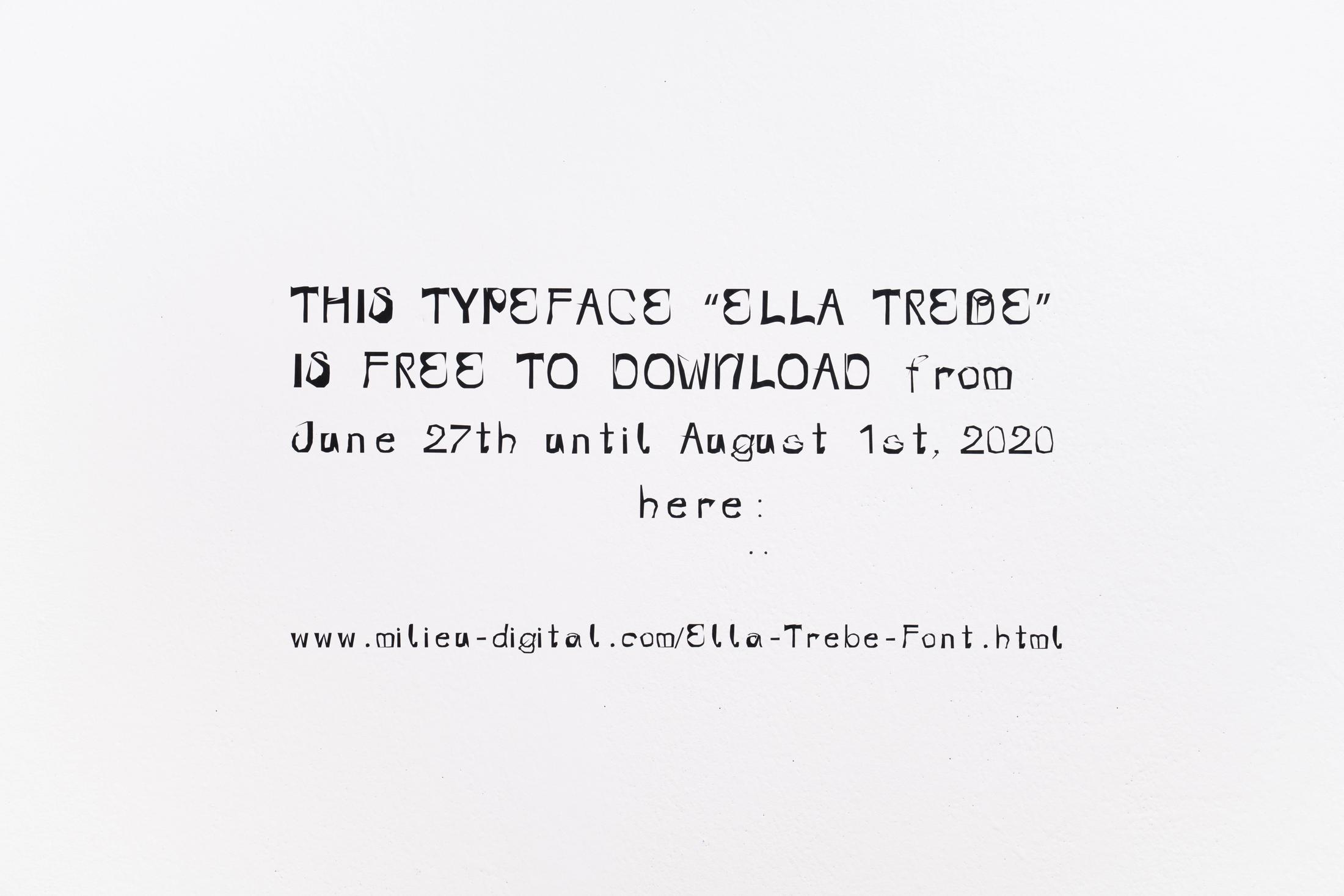 Exhibition View Groupshow «For; view on Bea Schlingelhoff, Typeface named after and dedicated to Ella Trebe, otf file, 2017» at Milieu, Bern, 2020 / Photo: Claude Barrault / Courtesy: the artist and Milieu