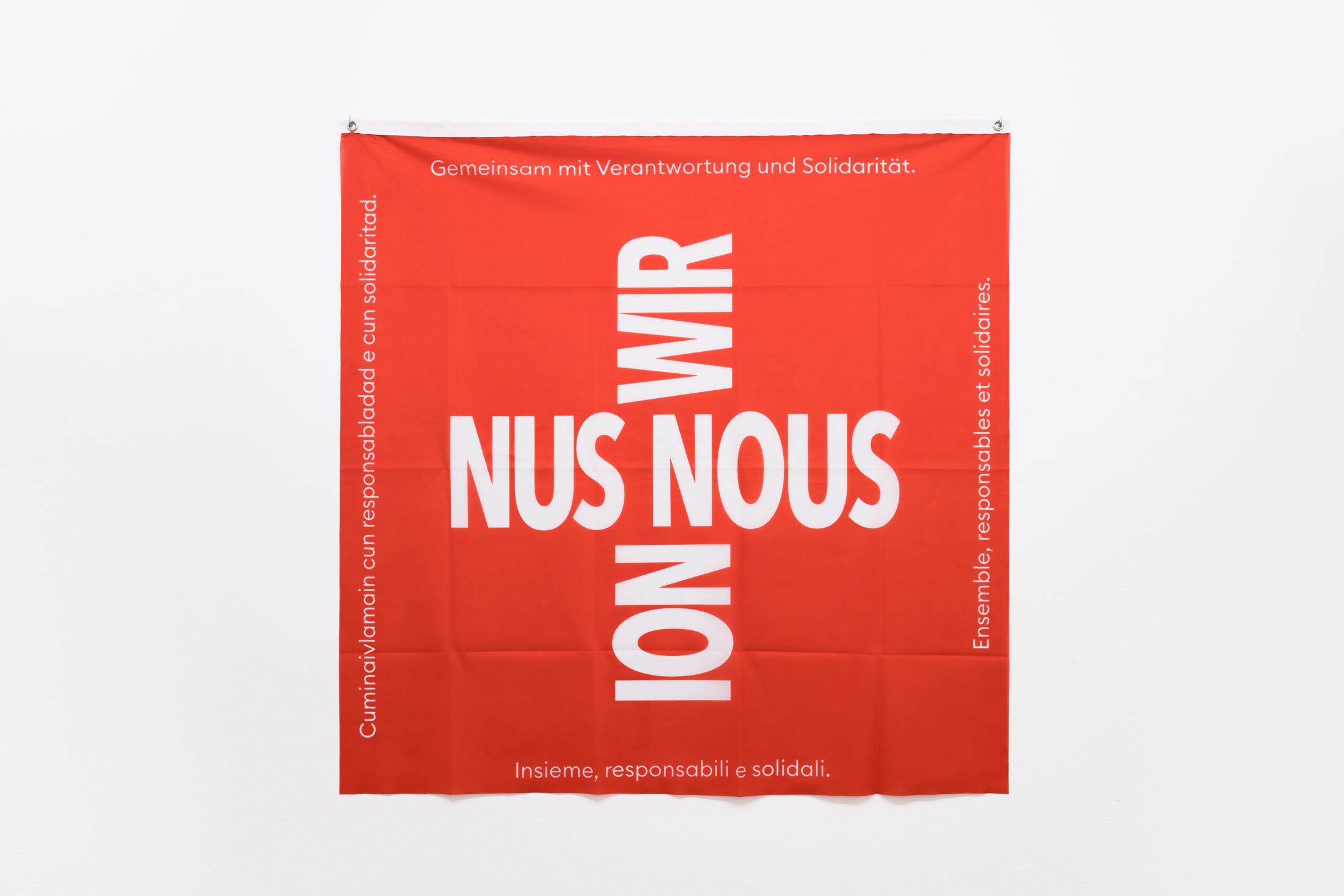 Exhibition View Groupshow «For; view on Ivan Mitrovic, Das demokratische Paradox, Migros solidarity flag, 100 x 100 cm, 2020» at Milieu, Bern, 2020 / Photo: Claude Barrault / Courtesy: the artist and Milieu