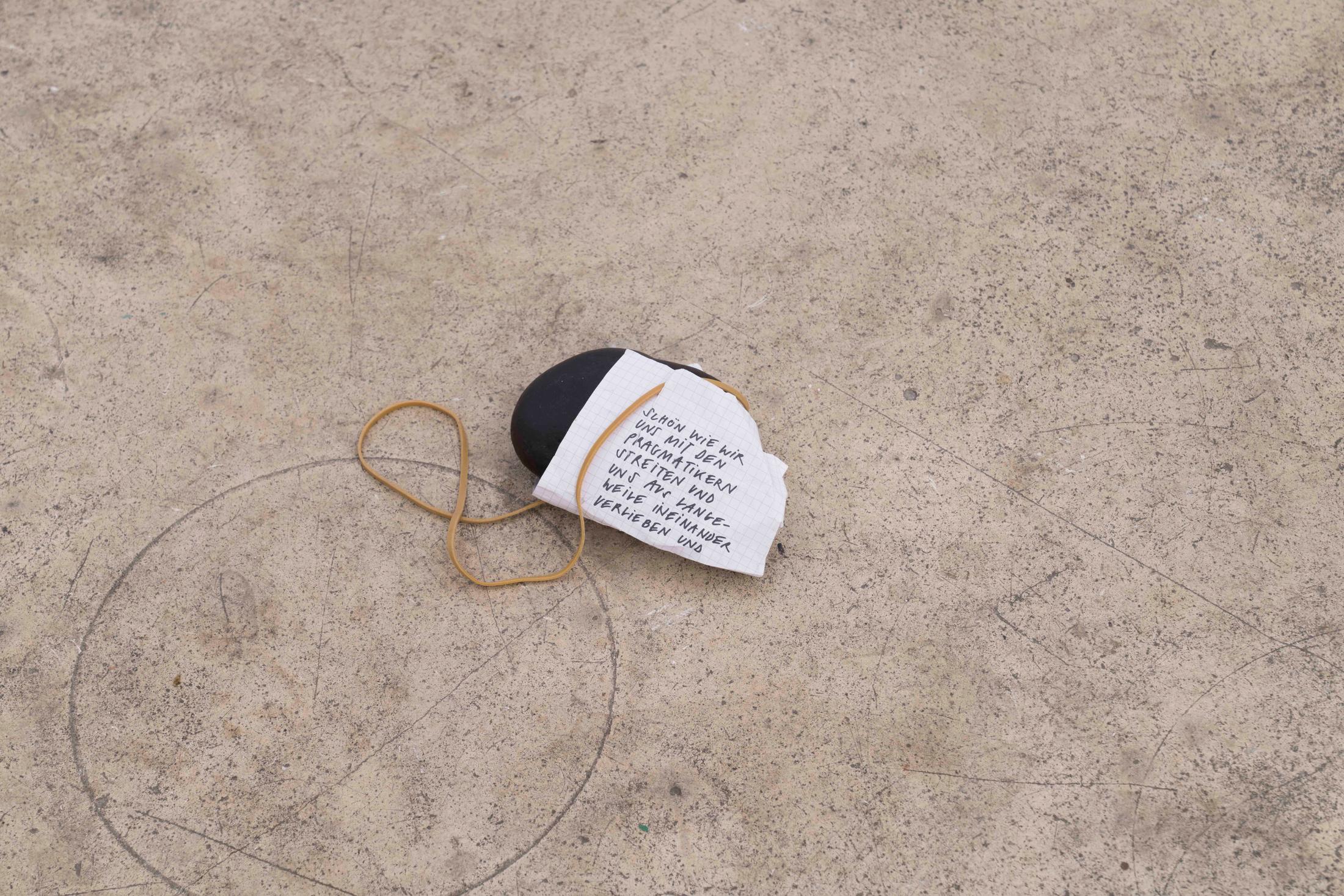 Exhibition View Groupshow «For; view on Nina Rieben, Intro, window, stone, note, installation variable, 2019» at Milieu, Bern, 2020 / Photo: Claude Barrault / Courtesy: the artist and Milieu