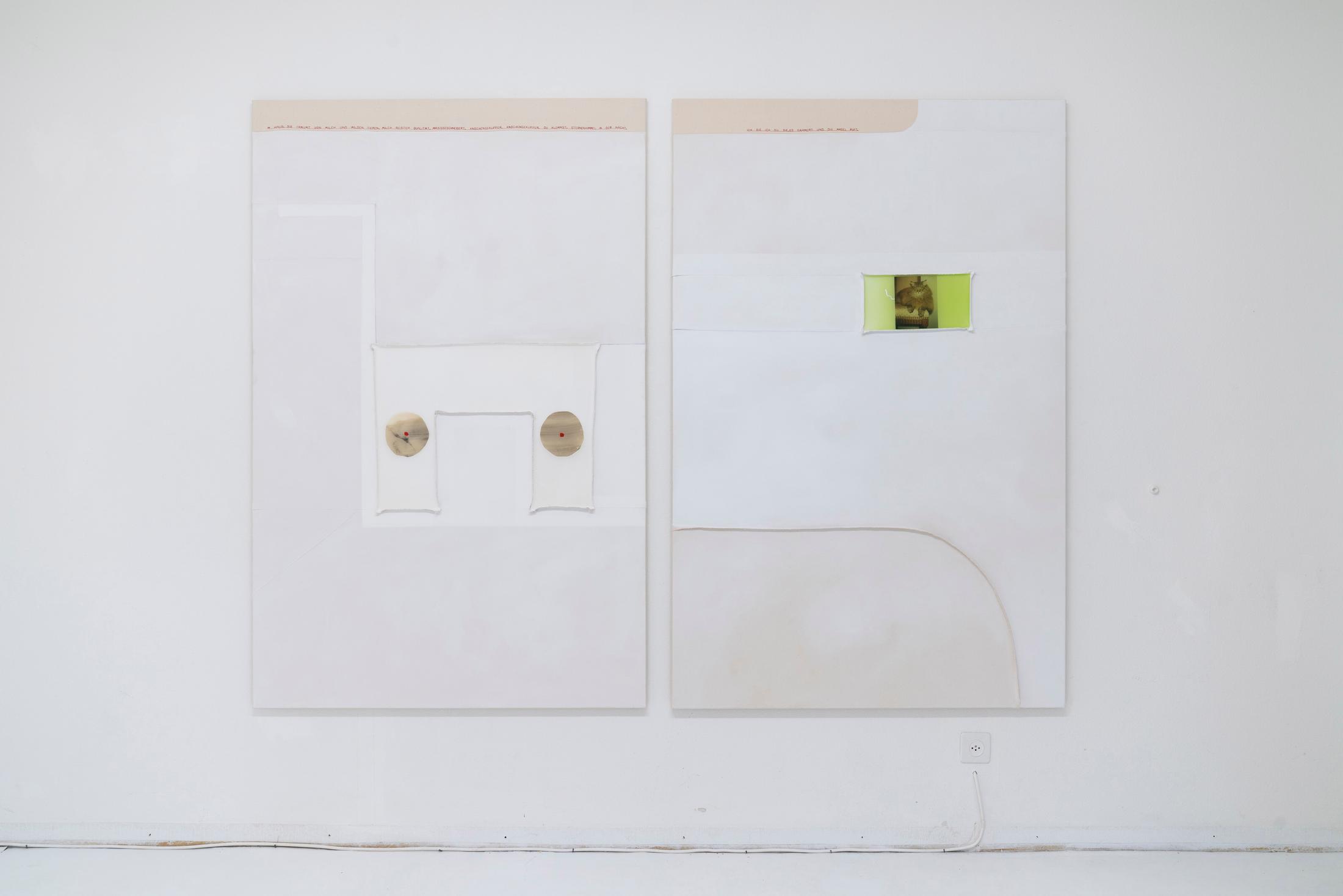 Exhibition View Group Show «four walls, shared beds; view on Anita Semadeni, Milch 2, 2021, 170x110cm, acrylic, photograph and resin on cotton; Anita Semadeni, Milch 1, 2021, 170x110cm, acrylic, colour pencil, latex and resin on cotton» at Im Grafenhag, Winterthur, 2021 / Photo: Brigham Baker / Courtesy: the artists and Im Grafenhag