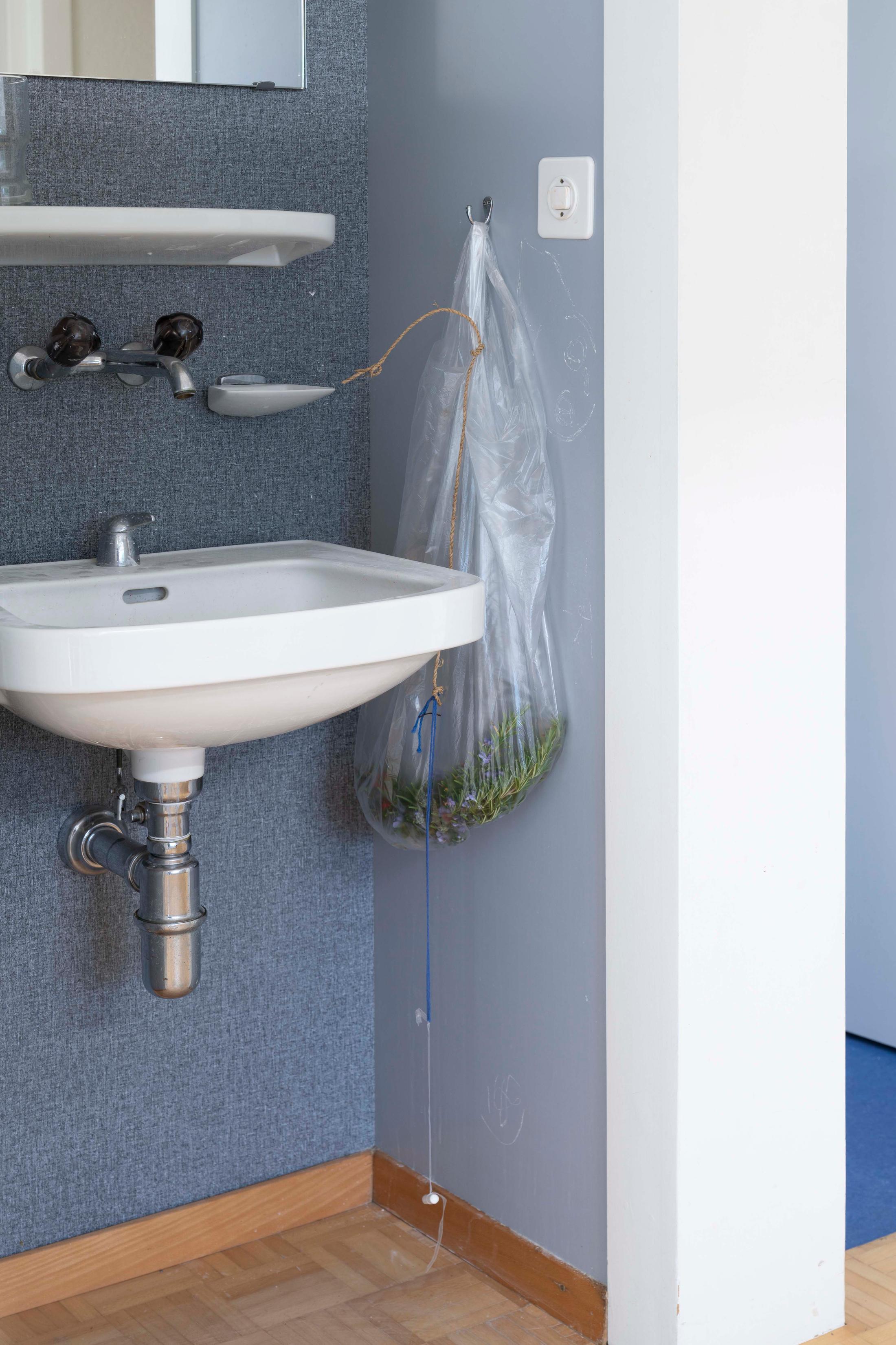 Exhibition View Group Show «four walls, shared beds; view on Matthias Holznagel & Rafael Jörger, fluid ideas (Rafael & Matthias are getting sick), 2021, dimensions variable» at Im Grafenhag, Winterthur, 2021 / Photo: Brigham Baker / Courtesy: the artists and Im Grafenhag