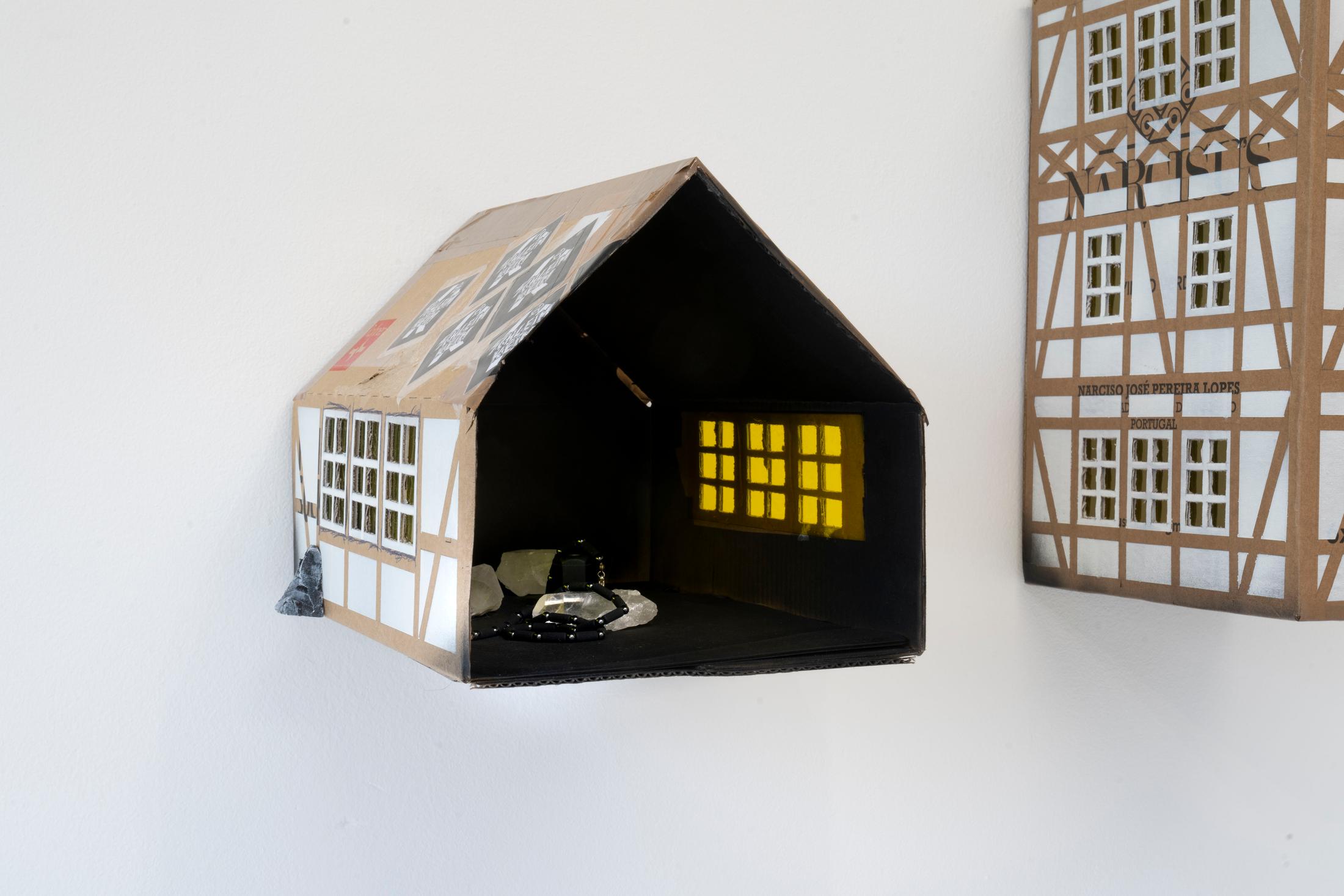 Exhibition View Group Show «four walls, shared beds; view on Cyril Tyrone Hübscher, ballenberg-scenario I, 2021, 19x20x29cm, mixed media» at Im Grafenhag, Winterthur, 2021 / Photo: Brigham Baker / Courtesy: the artists and Im Grafenhag