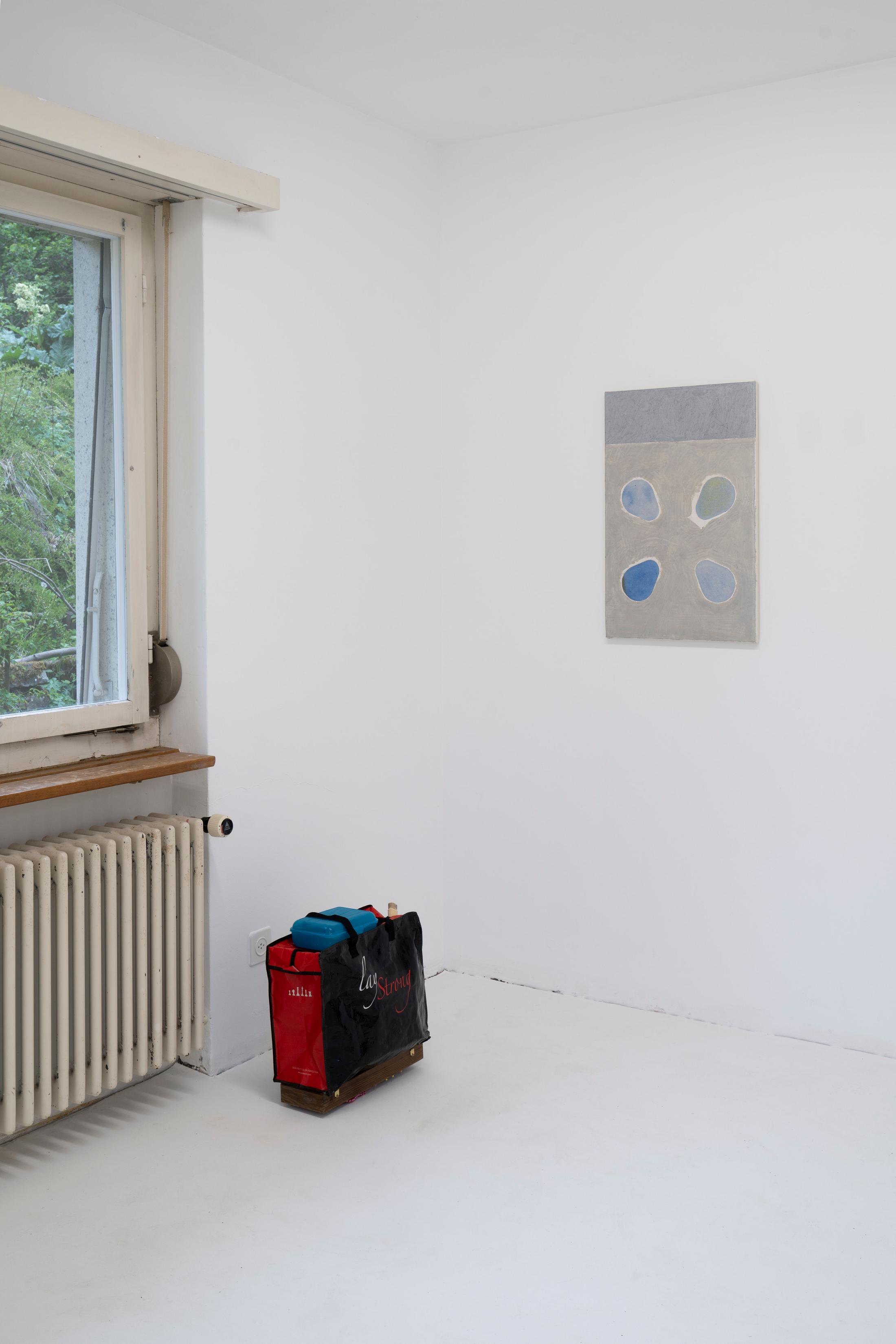 Exhibition View Group Show «four walls, shared beds; view on Matthias Holznagel & Rafael Jörger, fluid ideas (inventar), 2021, dimensions variable; Rafael Jörger , Double tap to pop the bubble, 2020, 70x45cm, oil, oilstick, acryl, pencil on cotton canvas» at Im Grafenhag, Winterthur, 2021 / Photo: Rafael Jörger / Courtesy: the artists and Im Grafenhag