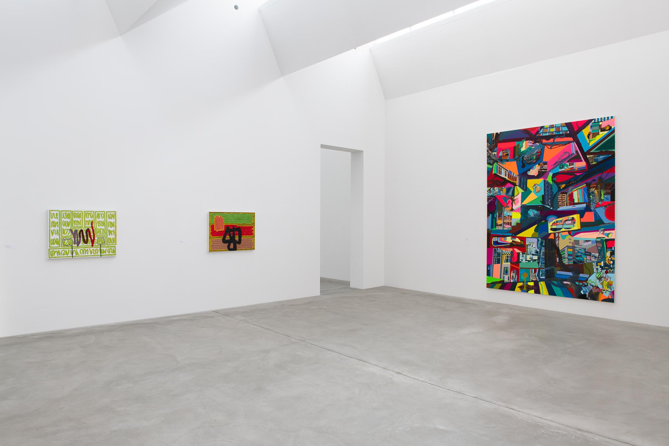 Exhibition View Groupshow «Frozen Gesture ; view on Jonathan Lasker, How to Be Unique, 1993 (Courtesy: the artist), The Banner of Daily Existence, 1993 (Courtesy: the artist) and Franz Ackermann, Wall Mall, 2018 (Courtesy the artist and Meyer Riegger, Berlin/Karlsruhe)» at Kunstmuseum Winterthur, 2019 / Photo: Sebastian Stadler