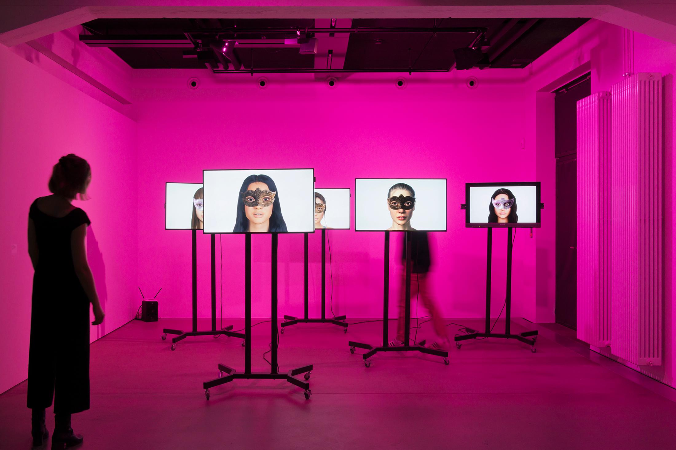 Installation View !Mediengruppe Bitnik "Ashley Madison Angels At Work in Basel, 2018" at HEK, Basel / Photo: Franz Wamhof / Courtesy: the artists