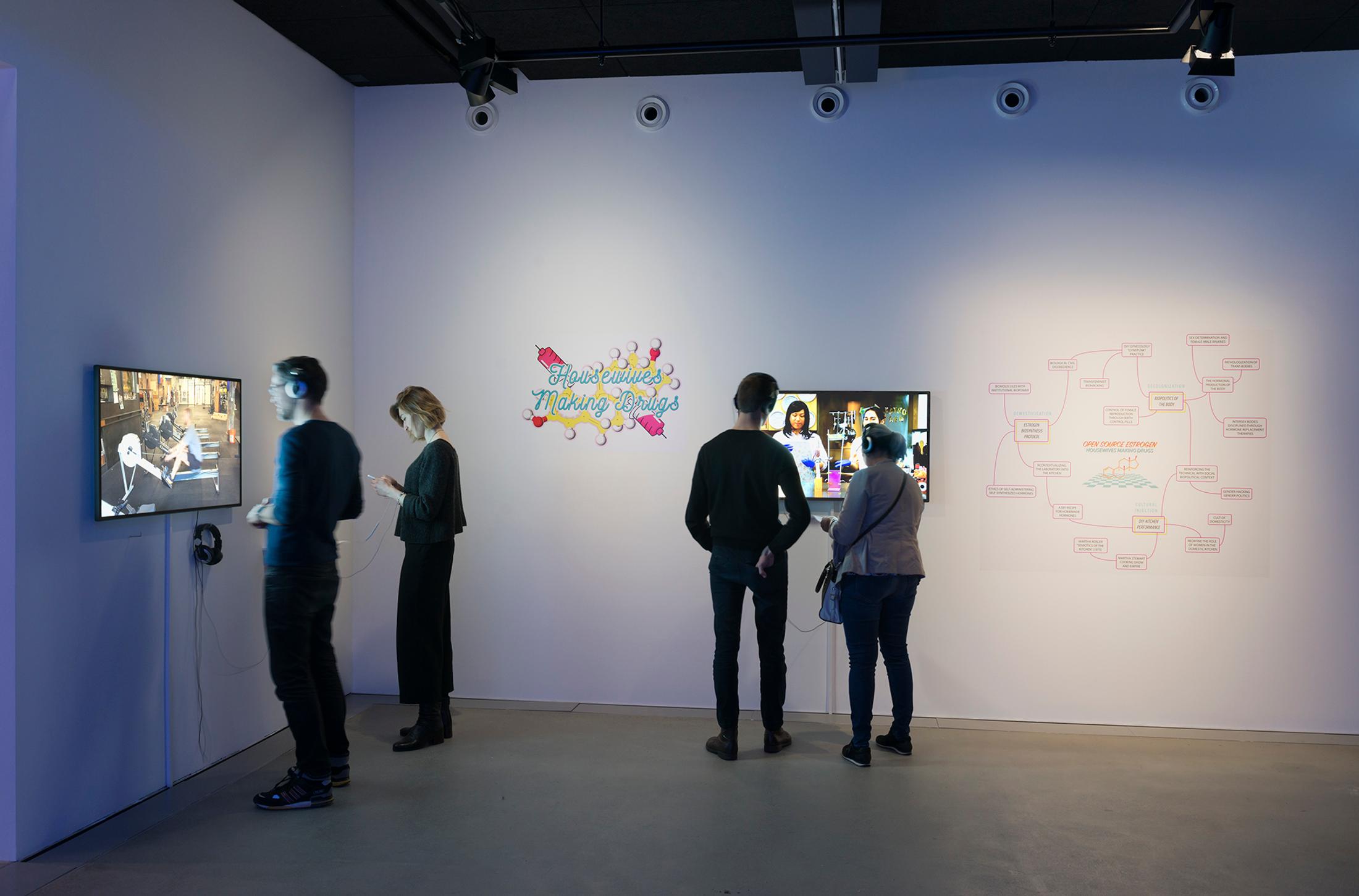 Installation View Mary Maggic "Housewives Making Drugs, 2017" (in front), Micha Cárdenas
"#stronger, 2016" (left) at HEK, Basel / Photo: Franz Wamhof / Courtesy: the artists